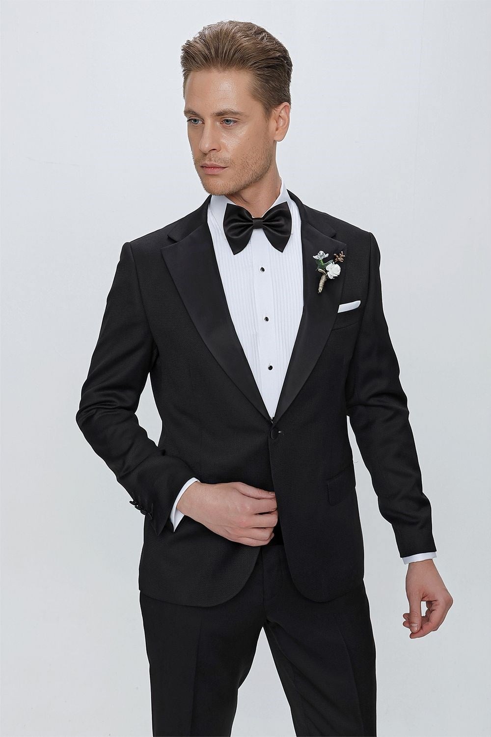Slim Fit Çıkarılabilir Saten Yaka Siyah Damatlık Smokin Takım Black 062