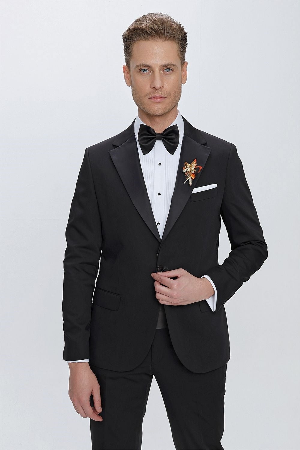 Slim Fit Çıkarılabilir Saten Yaka Siyah Damatlık Smokin Takım Black 061