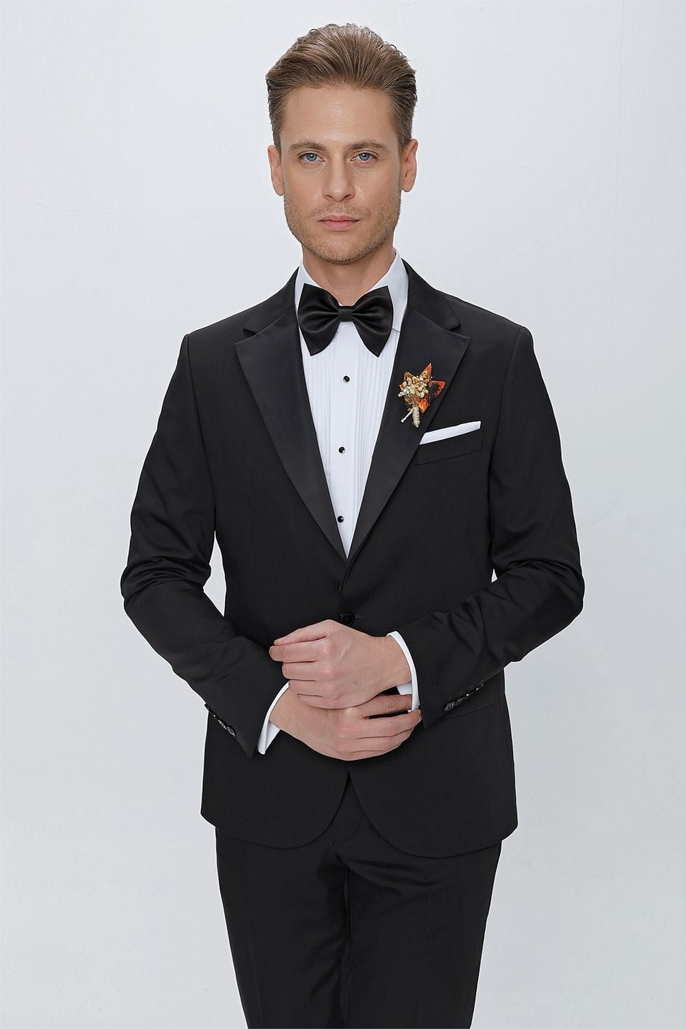 Slim Fit Çıkarılabilir Saten Yaka Siyah Damatlık Smokin Takım Black 061