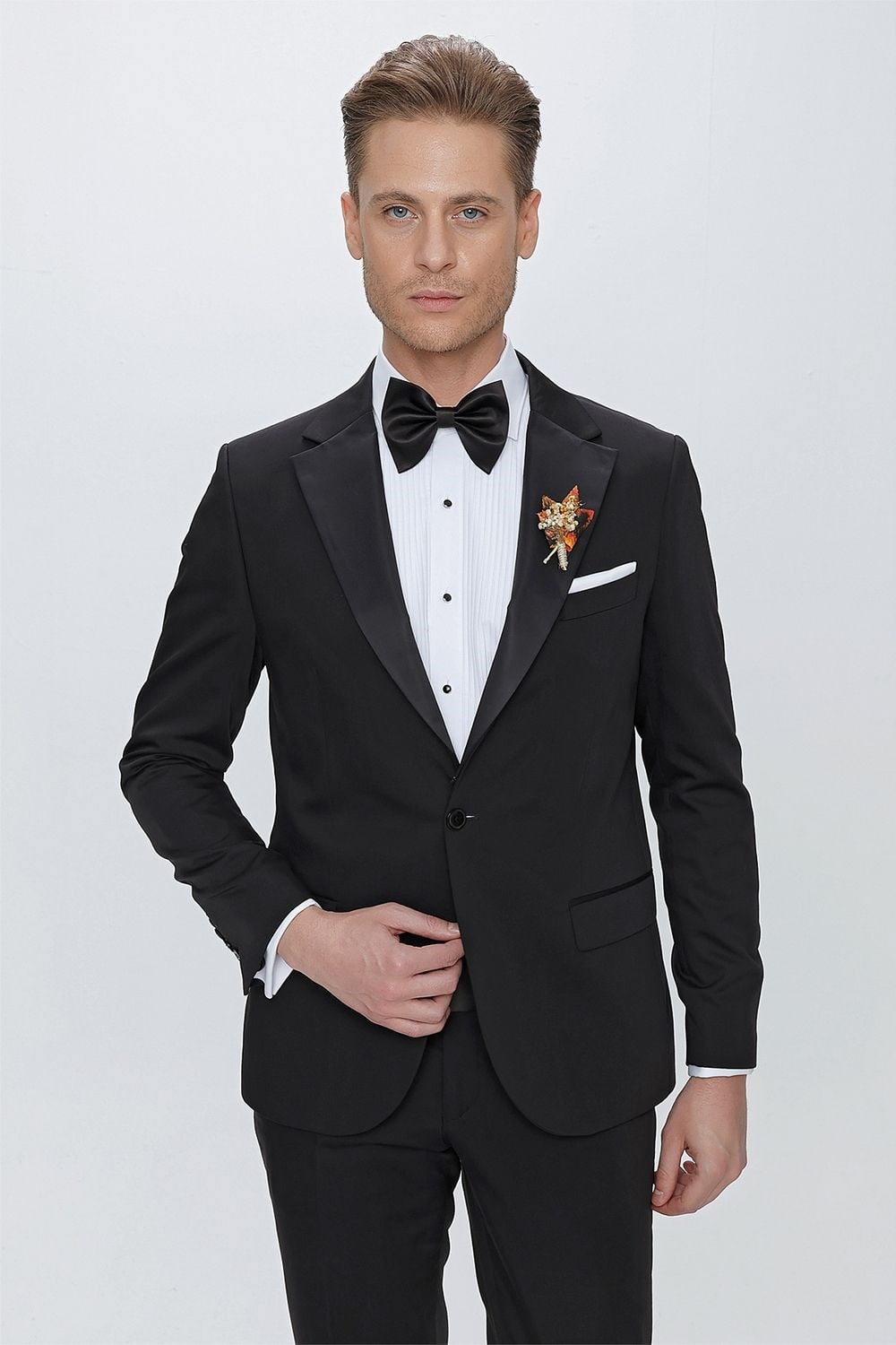Slim Fit Çıkarılabilir Saten Yaka Siyah Damatlık Smokin Takım Black 061
