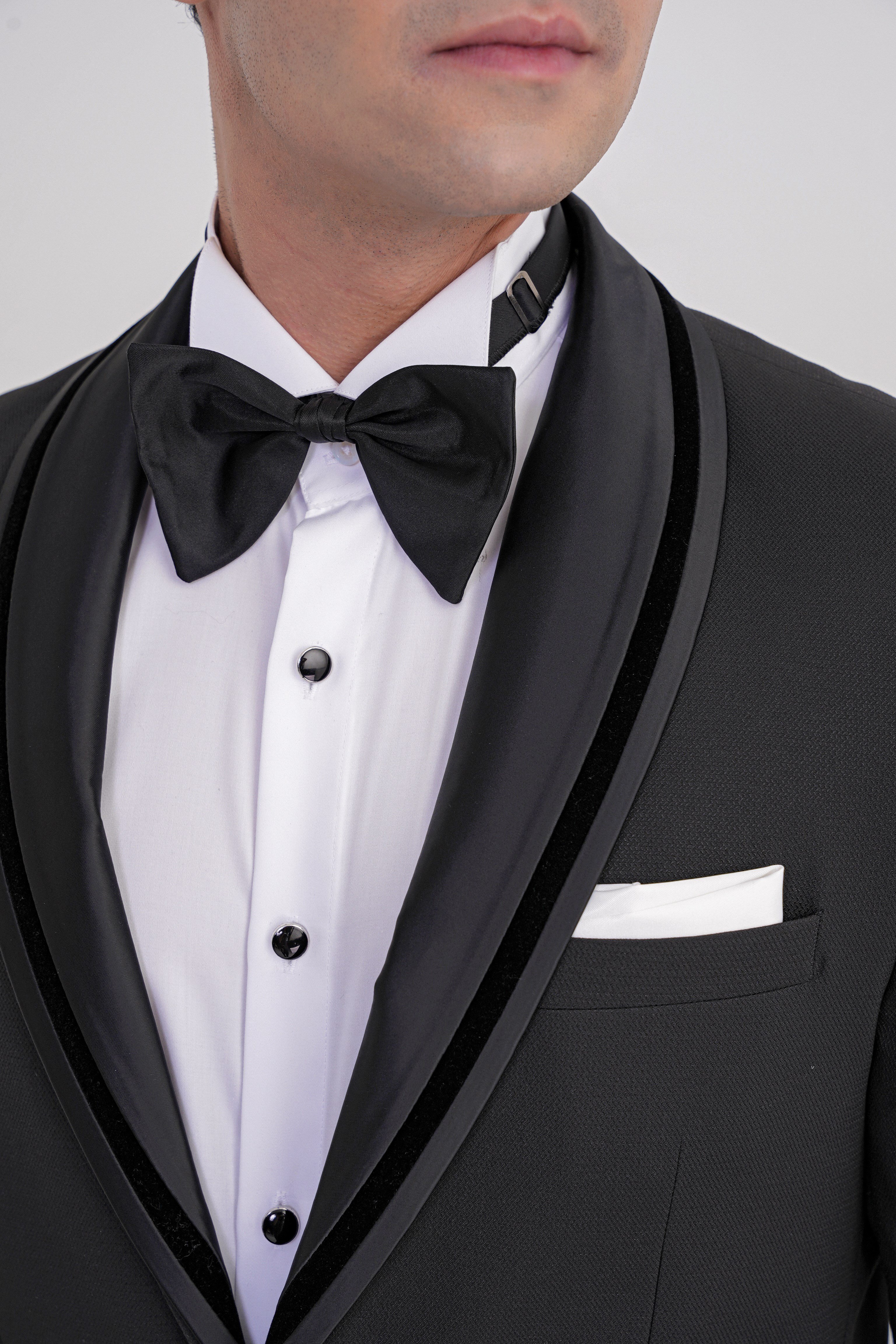 Slim Fit Çıkarılabilir Saten Yaka Tek Düğme Siyah Damatlık Smokin Takım Black 073