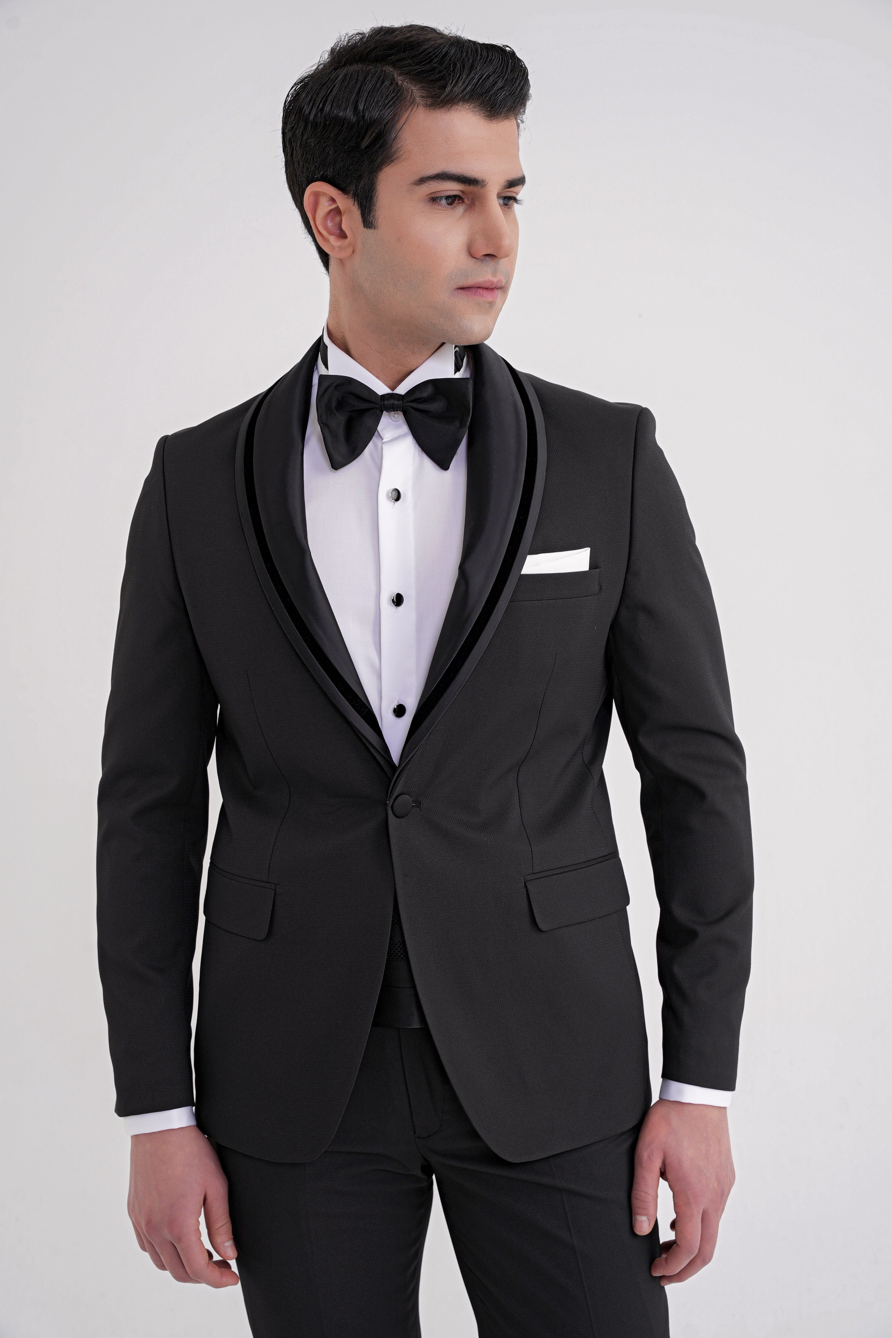 Slim Fit Çıkarılabilir Saten Yaka Tek Düğme Siyah Damatlık Smokin Takım Black 073