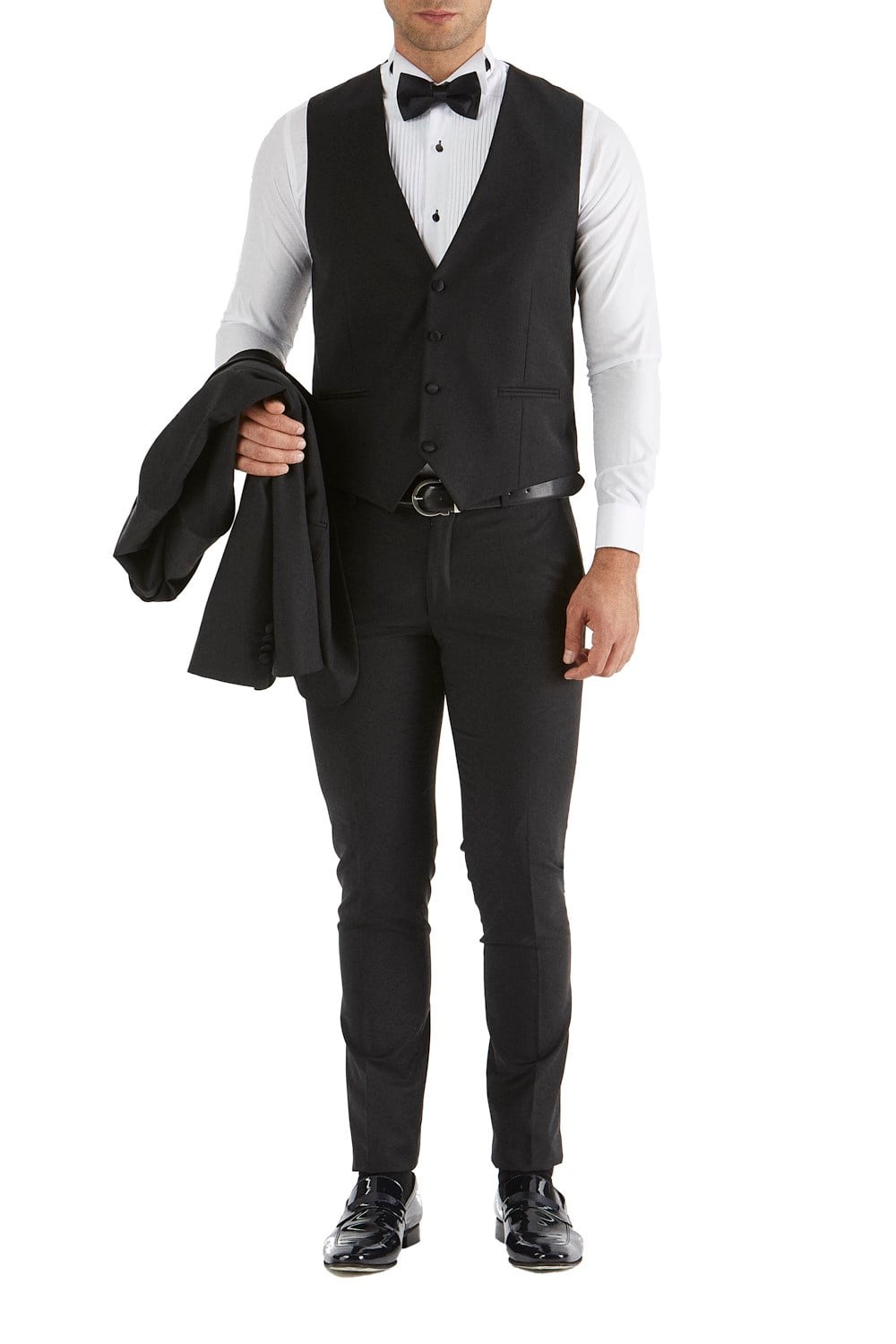 Slim Fit Çıkarılabilir Saten Yaka Yelekli Siyah Damatlık Smokin Takım Black 034