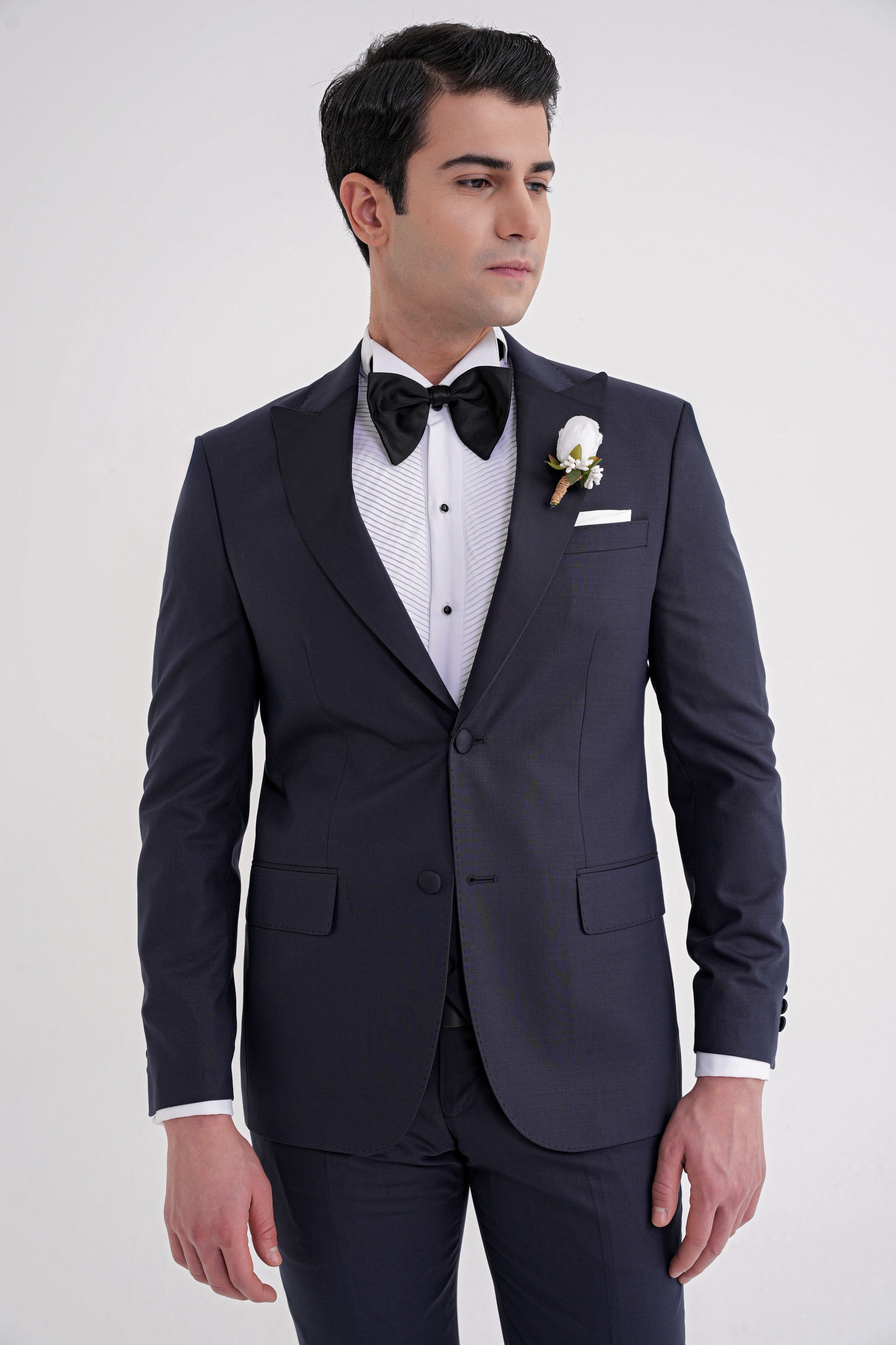 Slim Fit Çıkarılabilir Saten Yaka Yelekli Lacivert Damatlık Smokin Takım Black 077