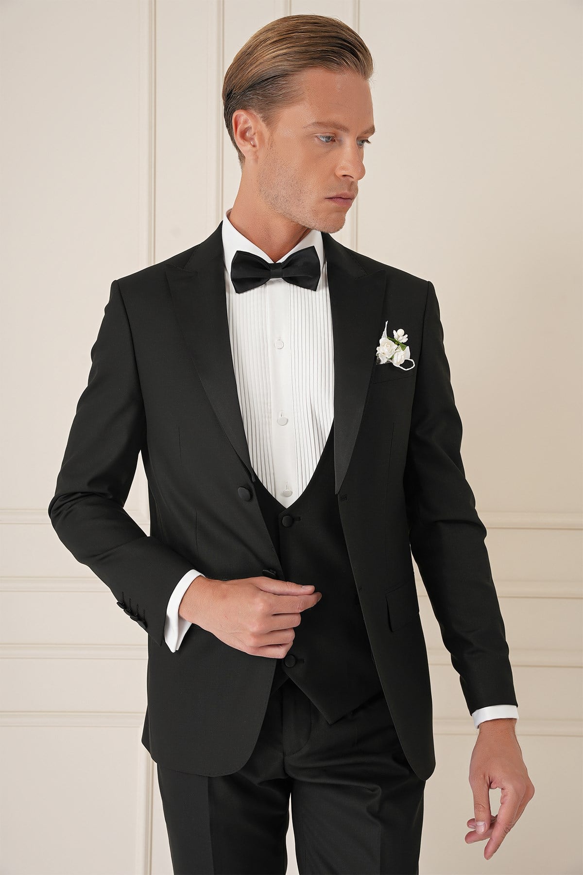 Slim Fit Çıkarılabilir Saten Yaka Yelekli Siyah Damatlık Smokin Takım Black 077