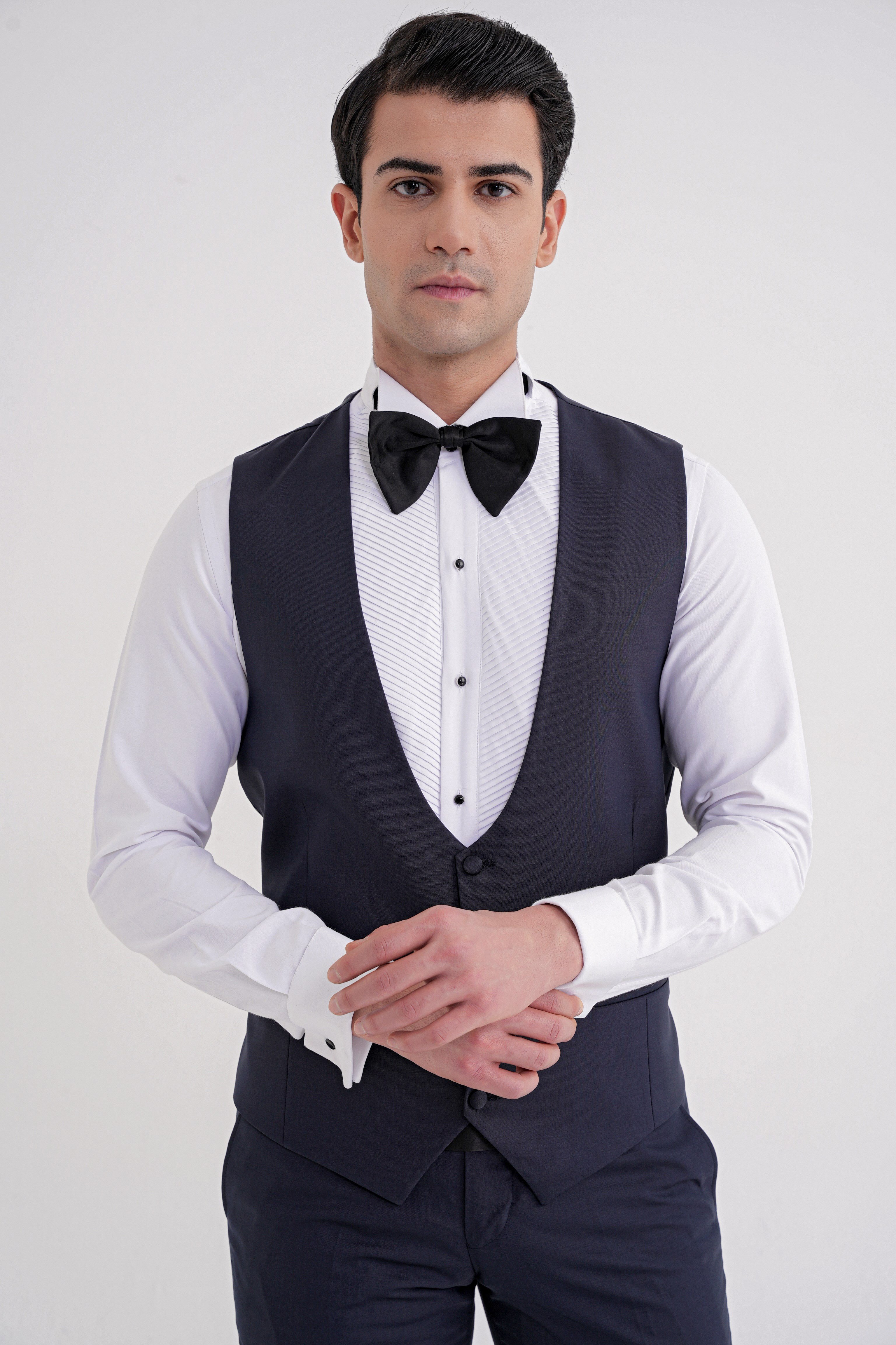 Slim Fit Çıkarılabilir Saten Yaka Yelekli Lacivert Damatlık Smokin Takım Black 077