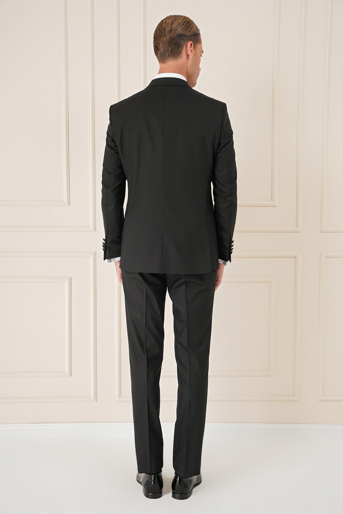 Slim Fit Çıkarılabilir Saten Yaka Yelekli Siyah Damatlık Smokin Takım Black 077