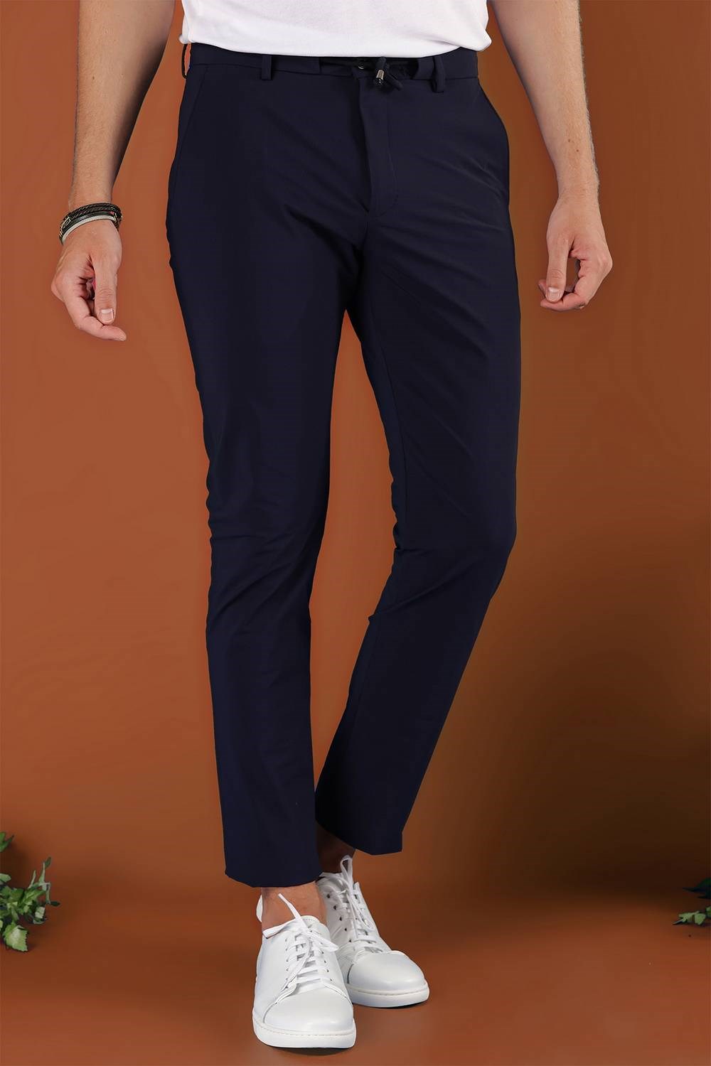 Slim Fit Çizgili Dokuma Beli İpli Esnek Pamuk Lacivert Jogger Pantolon P 1121