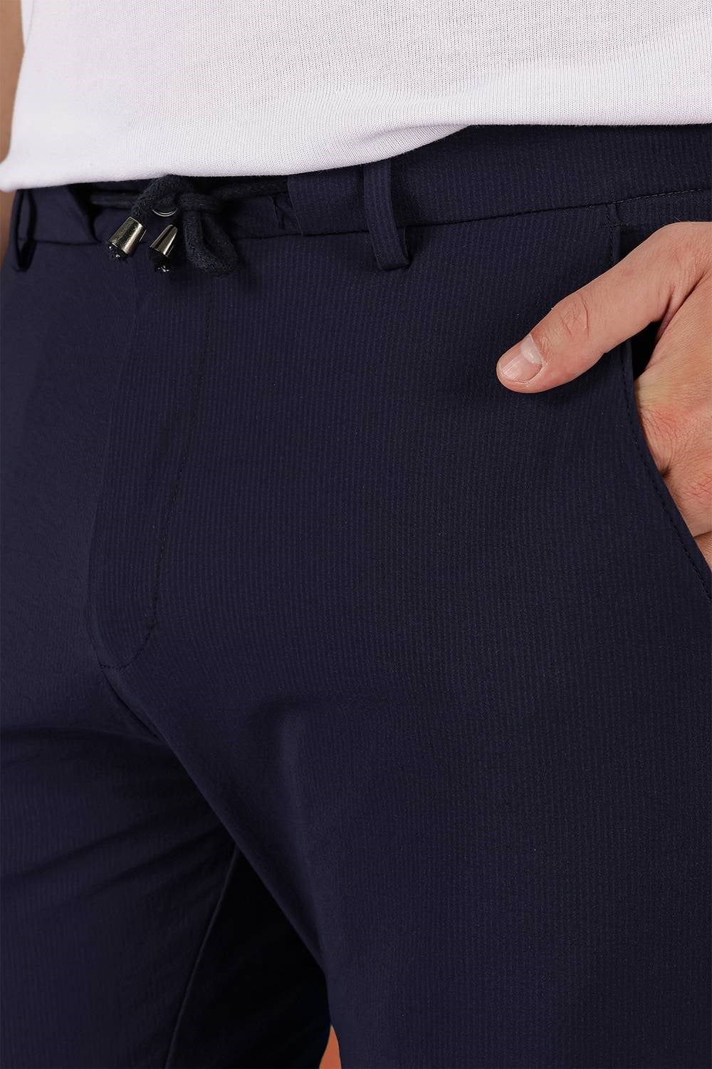 Slim Fit Çizgili Dokuma Beli İpli Esnek Pamuk Lacivert Jogger Pantolon P 1121