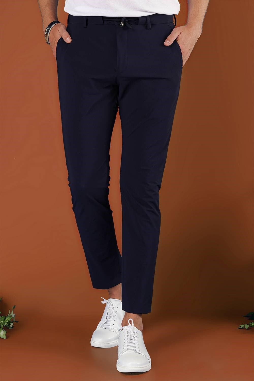 Slim Fit Çizgili Dokuma Beli İpli Esnek Pamuk Lacivert Jogger Pantolon P 1121