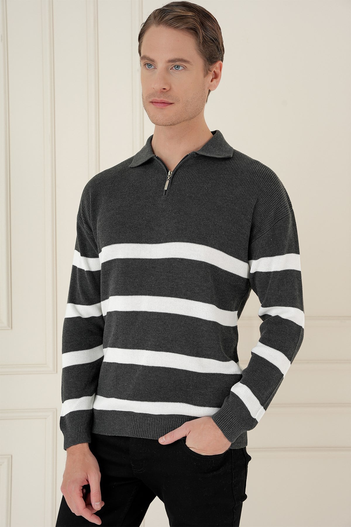 Slim Fit Çizgili Fermuarlı Polo Yaka Antrasit Triko Kazak TR 877