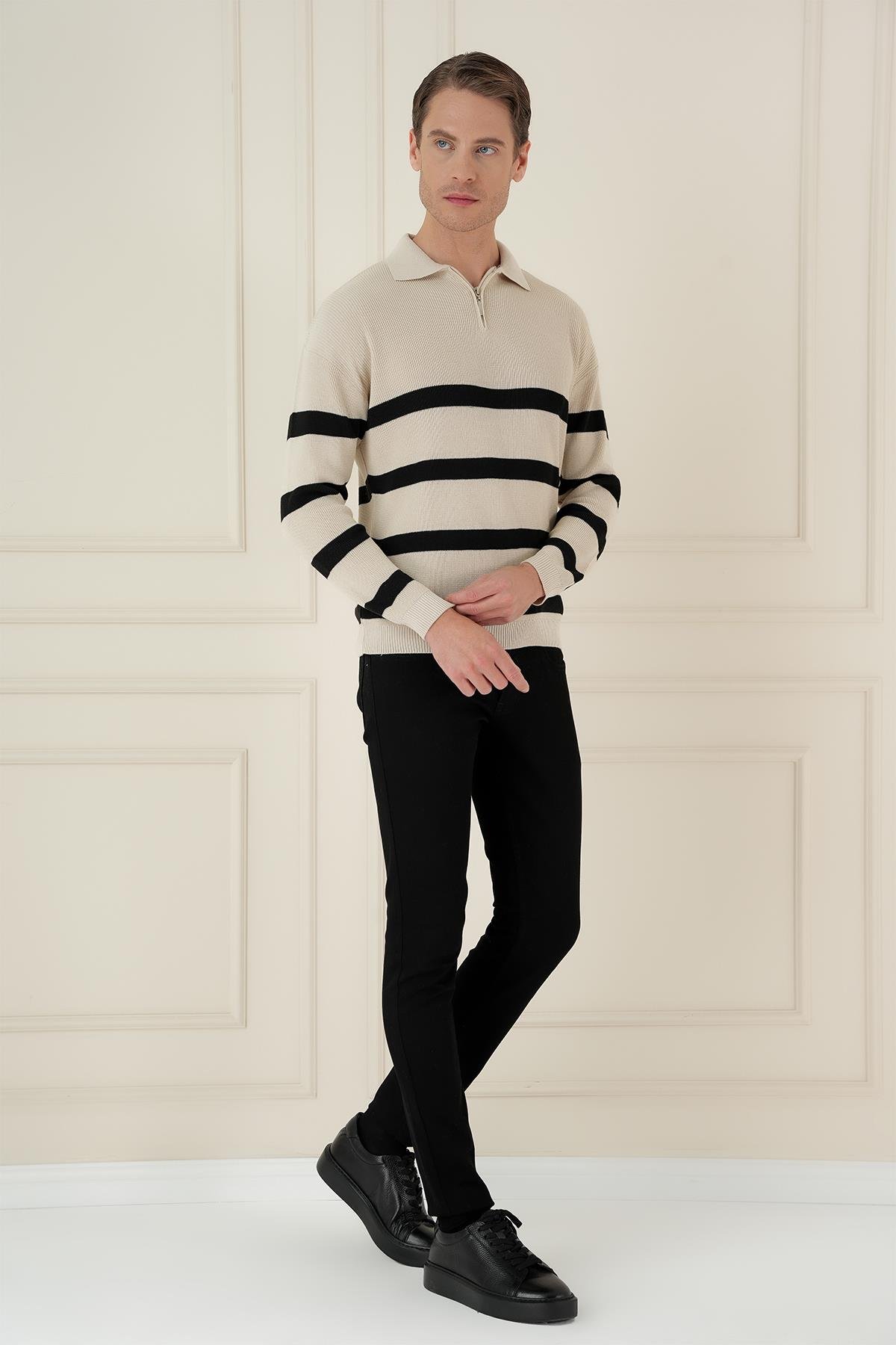 Slim Fit Çizgili Fermuarlı Polo Yaka Bej Triko Kazak TR 877