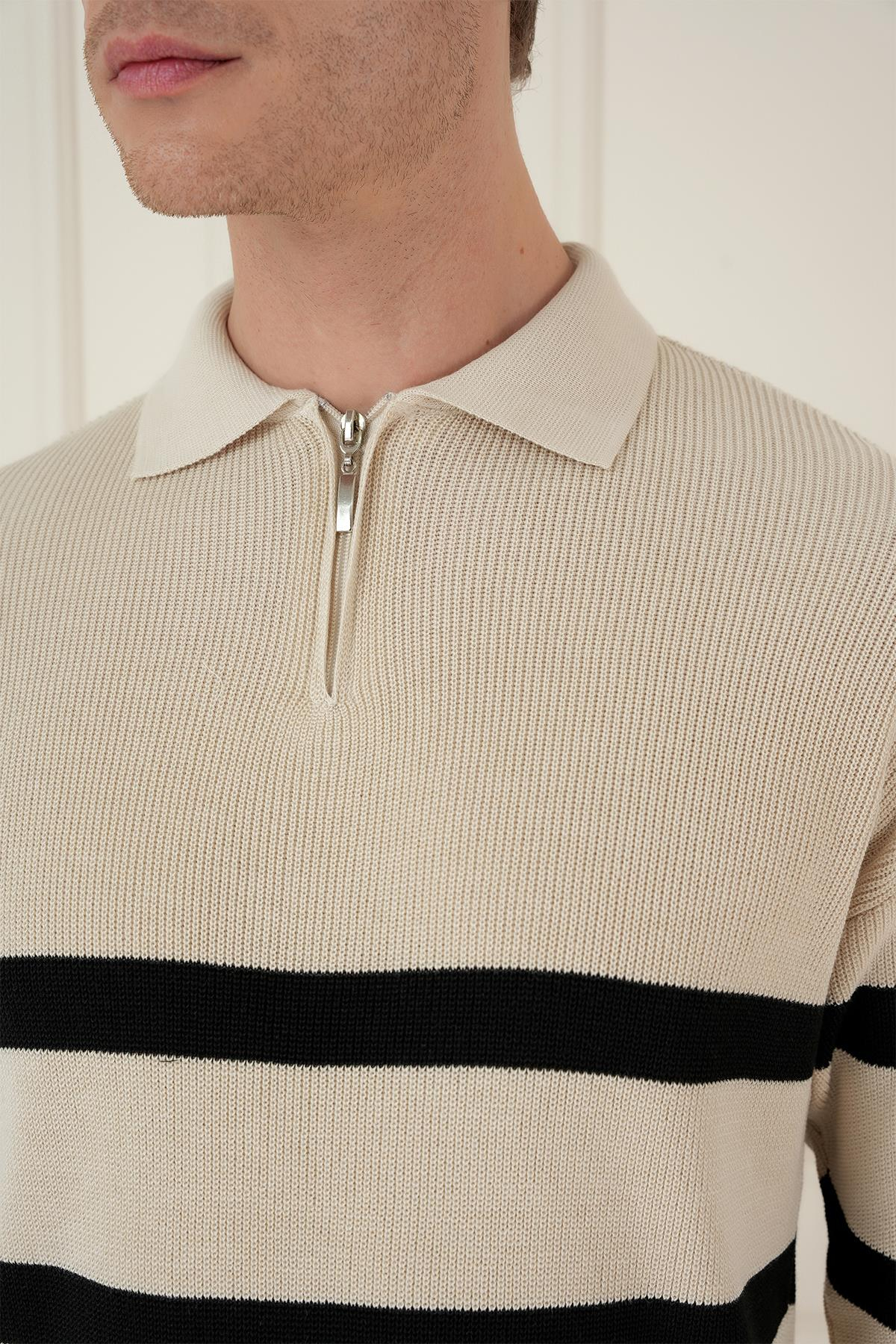 Slim Fit Çizgili Fermuarlı Polo Yaka Bej Triko Kazak TR 877