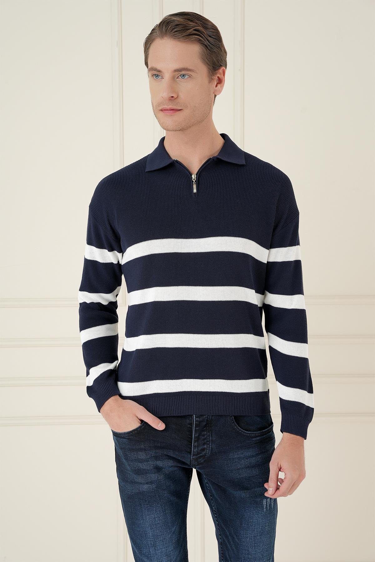 Slim Fit Çizgili Fermuarlı Polo Yaka Lacivert Triko Kazak TR 877