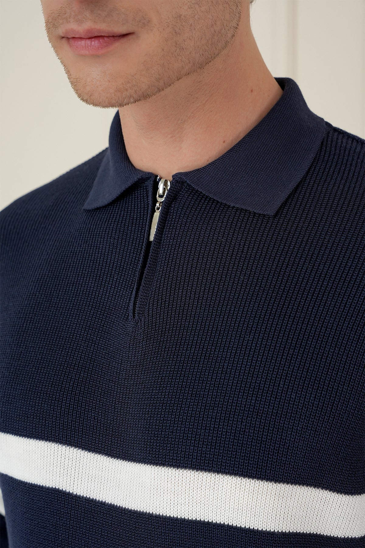 Slim Fit Çizgili Fermuarlı Polo Yaka Lacivert Triko Kazak TR 877