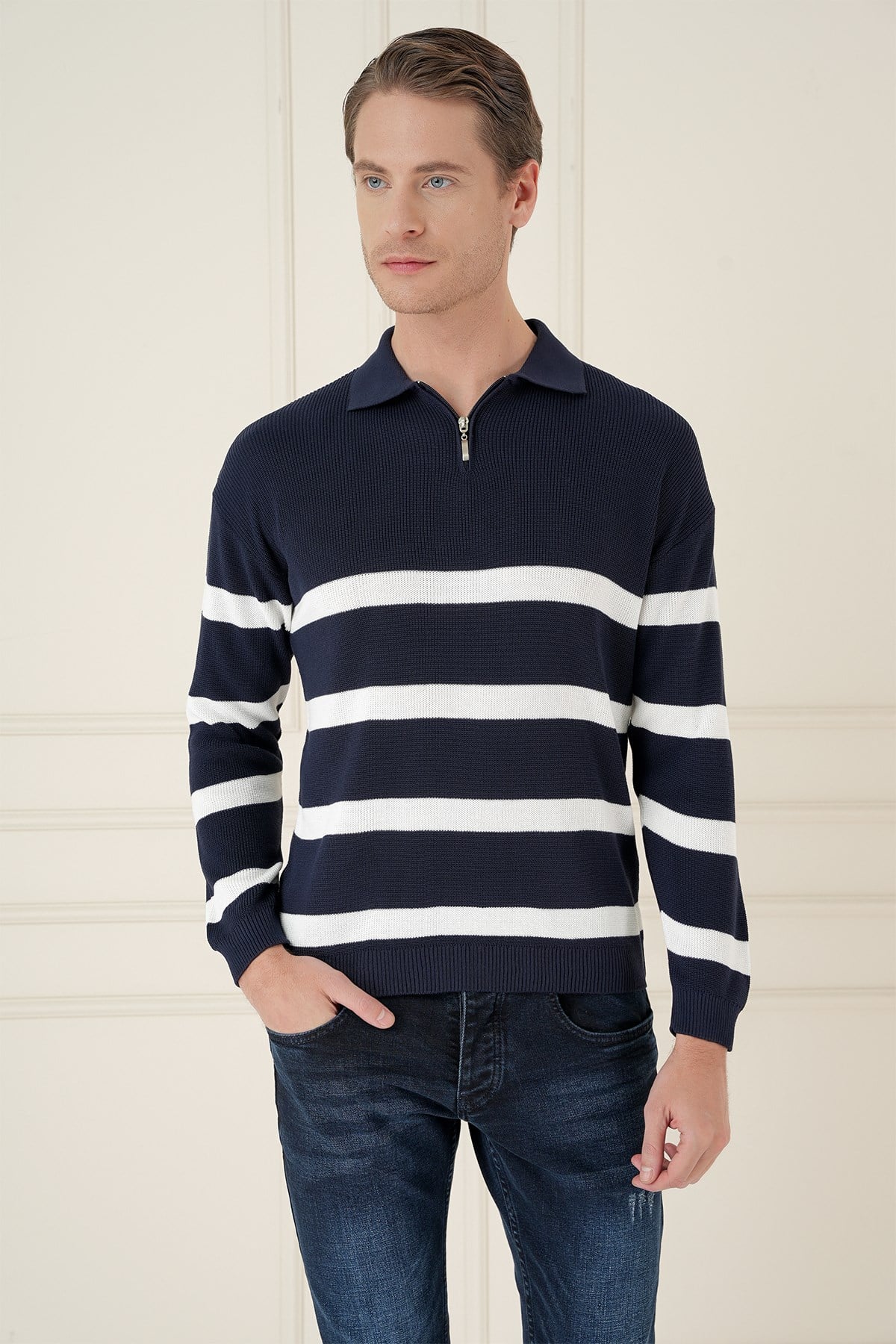 Slim Fit Çizgili Fermuarlı Polo Yaka Lacivert Triko Kazak TR 877