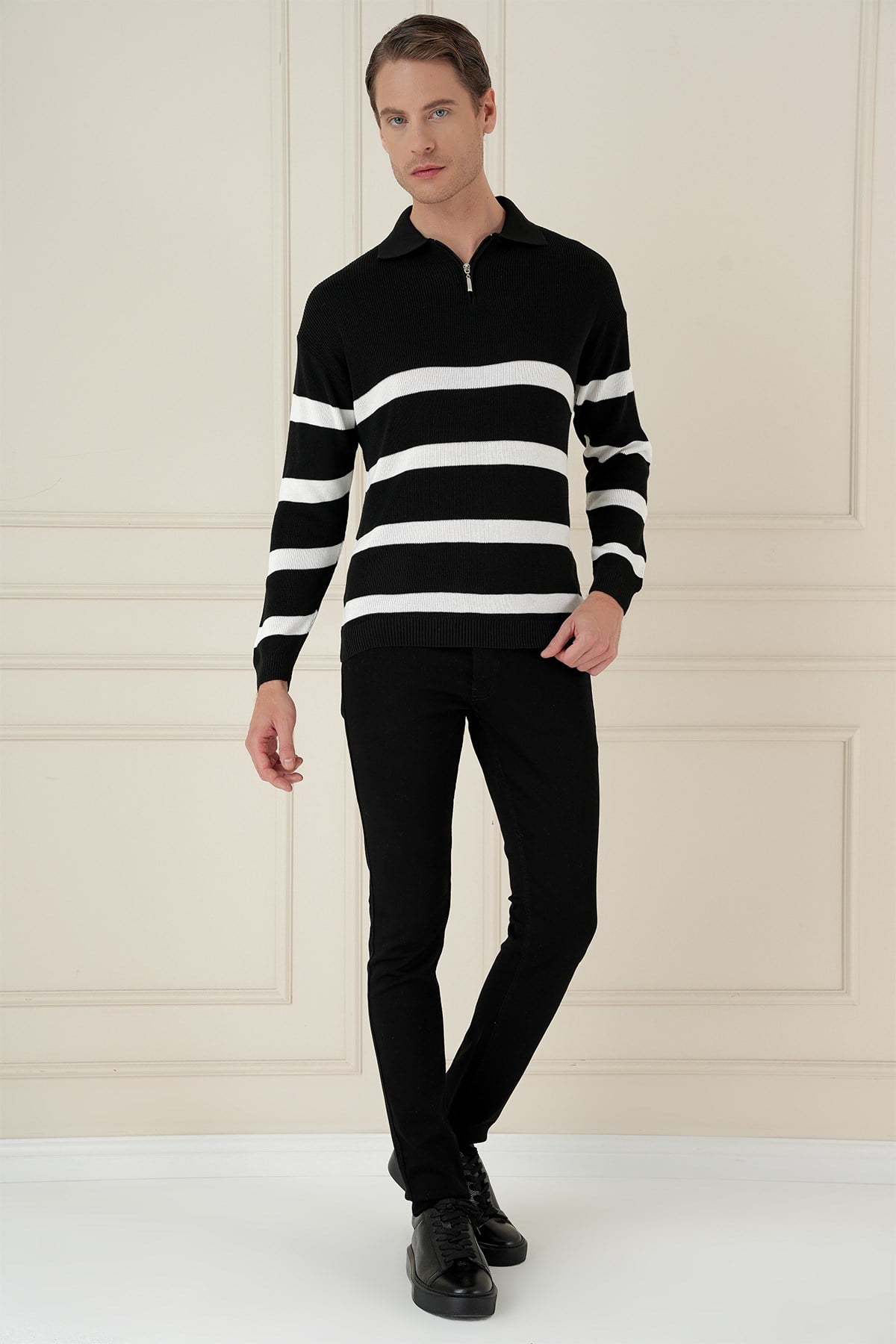 Slim Fit Çizgili Fermuarlı Polo Yaka Siyah Triko Kazak TR 877