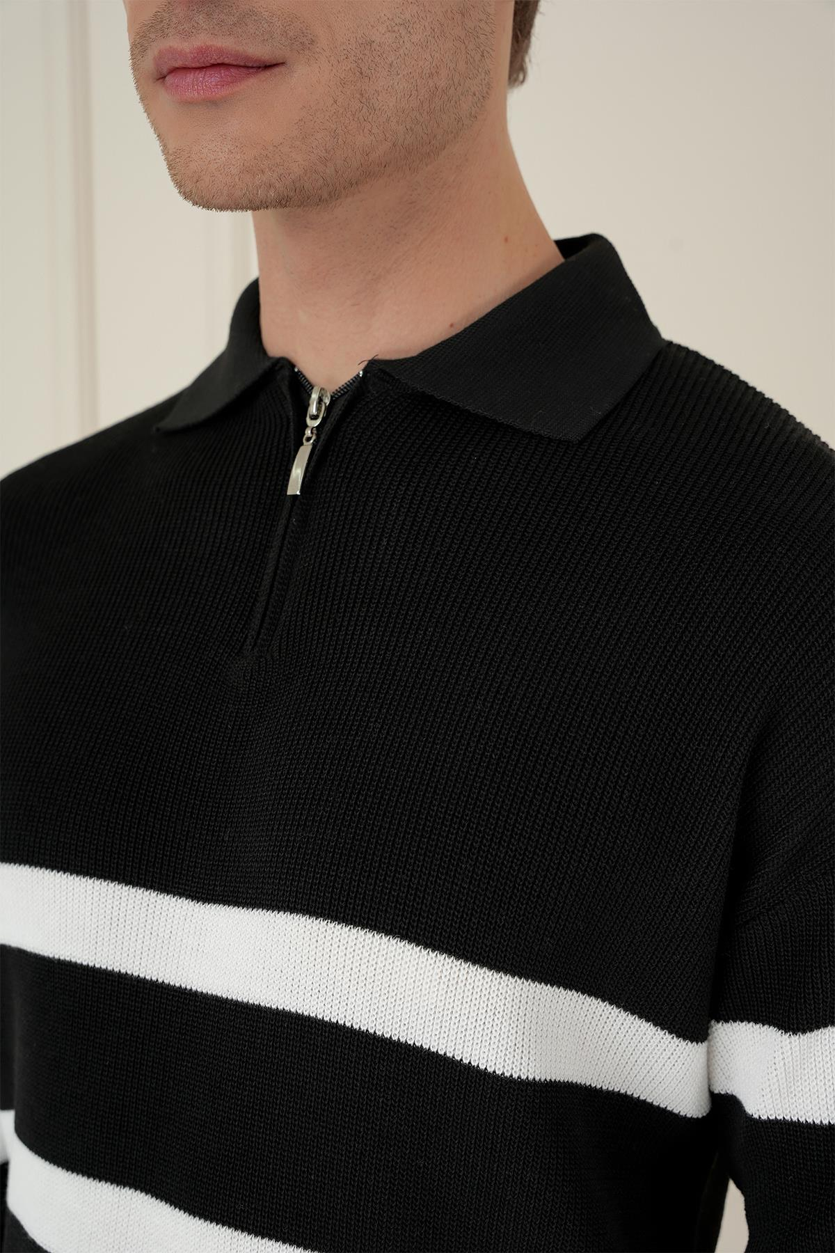 Slim Fit Çizgili Fermuarlı Polo Yaka Siyah Triko Kazak TR 877