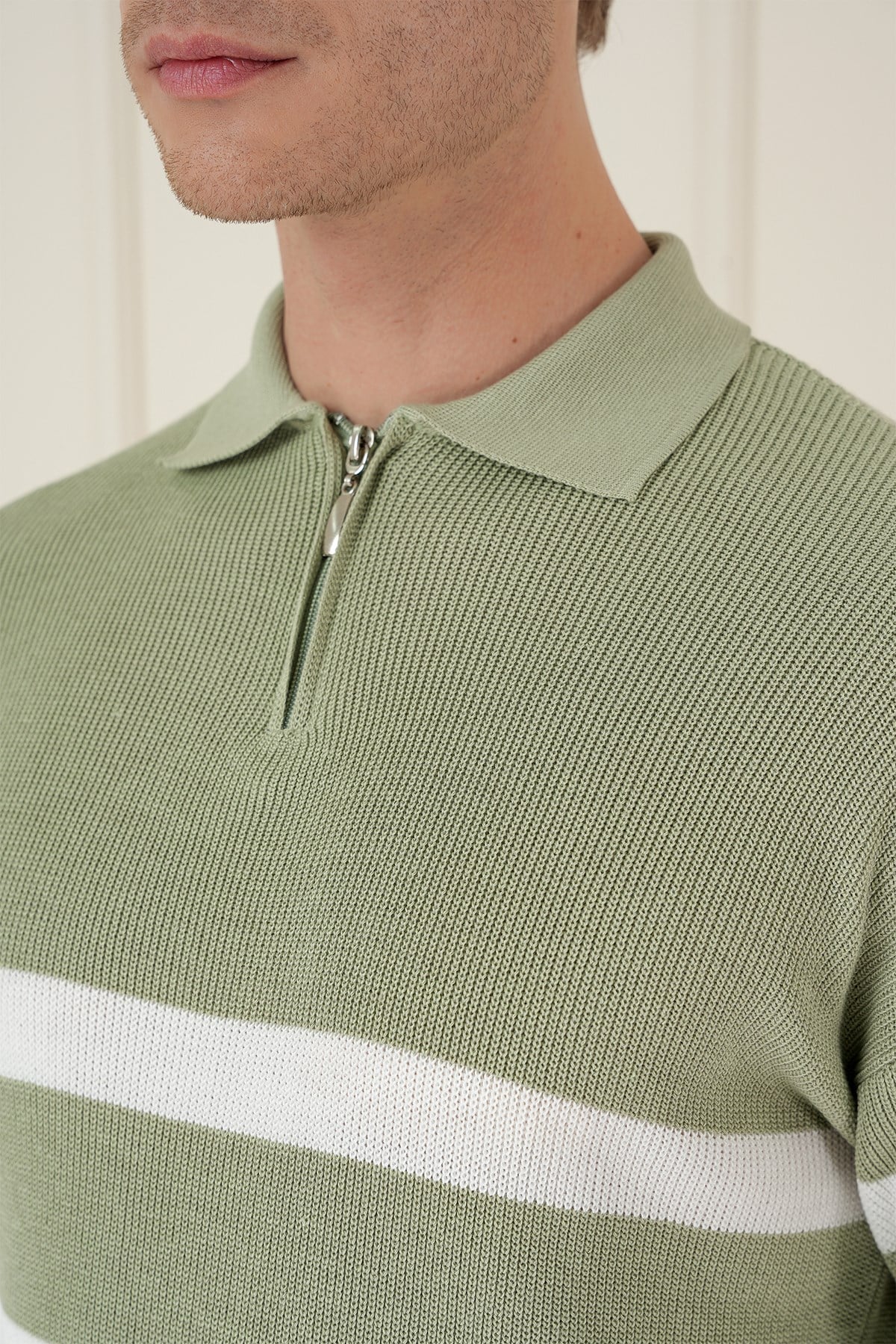 Slim Fit Çizgili Fermuarlı Polo Yaka Yeşil Triko Kazak TR 877