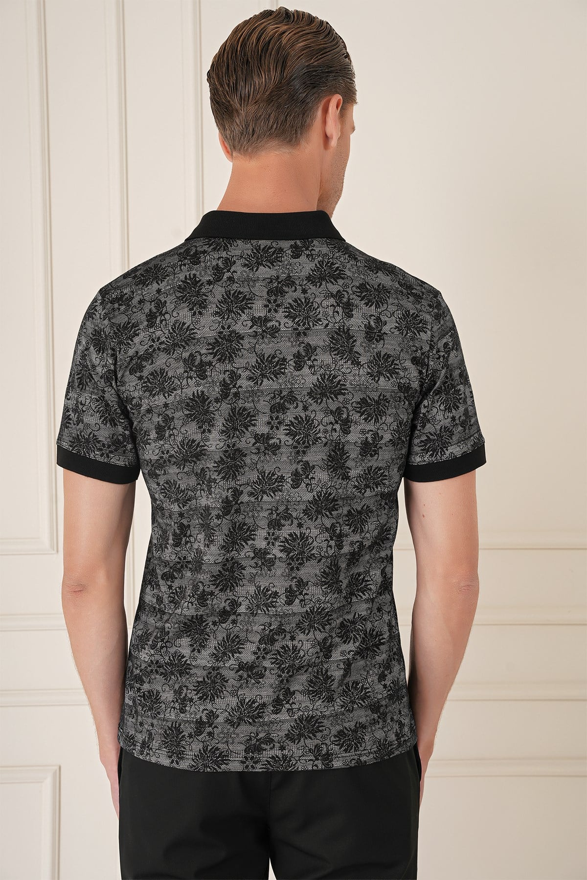 Slim Fit Dal Yaprak Desen Polo Yaka Pamuklu Siyah Tişört Ts 884