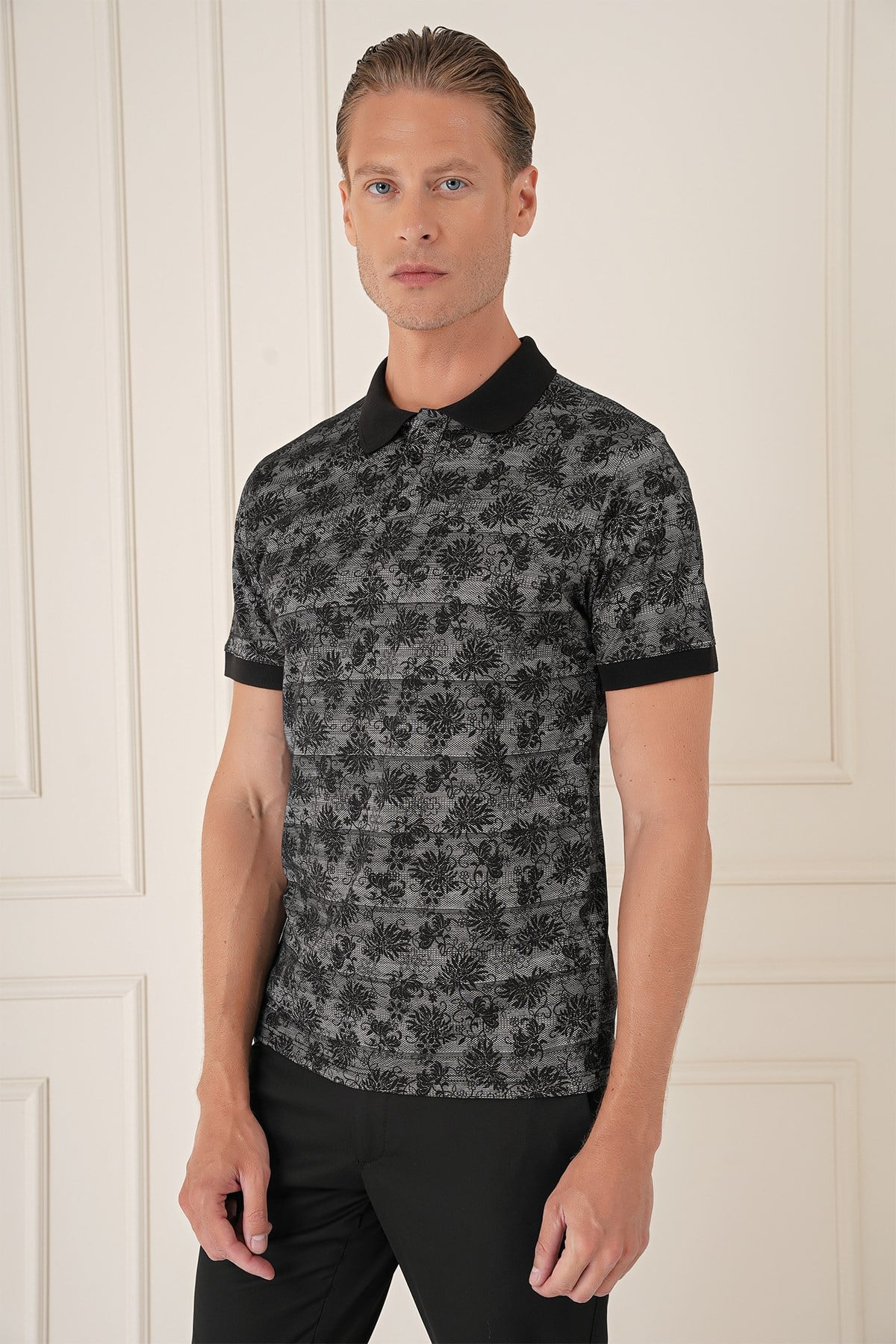 Slim Fit Dal Yaprak Desen Polo Yaka Pamuklu Siyah Tişört Ts 884