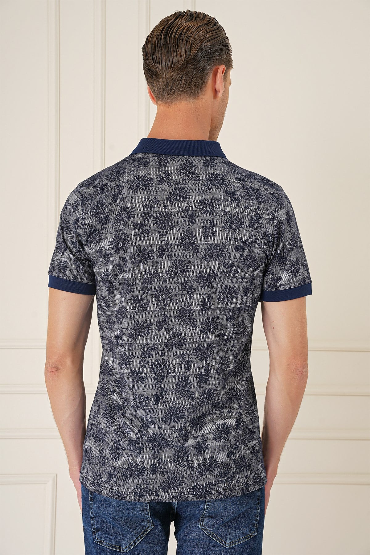 Slim Fit Dal Yaprak Desen Polo Yaka Pamuklu Lacivert Tişört Ts 884