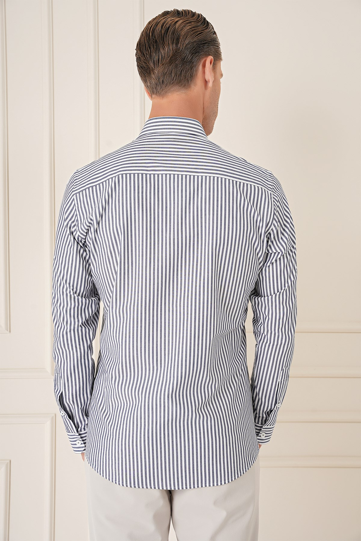 Slim Fit Dikine Çizgili %100 Pamuk Klasik Lacivert Beyaz Gömlek Gk 721