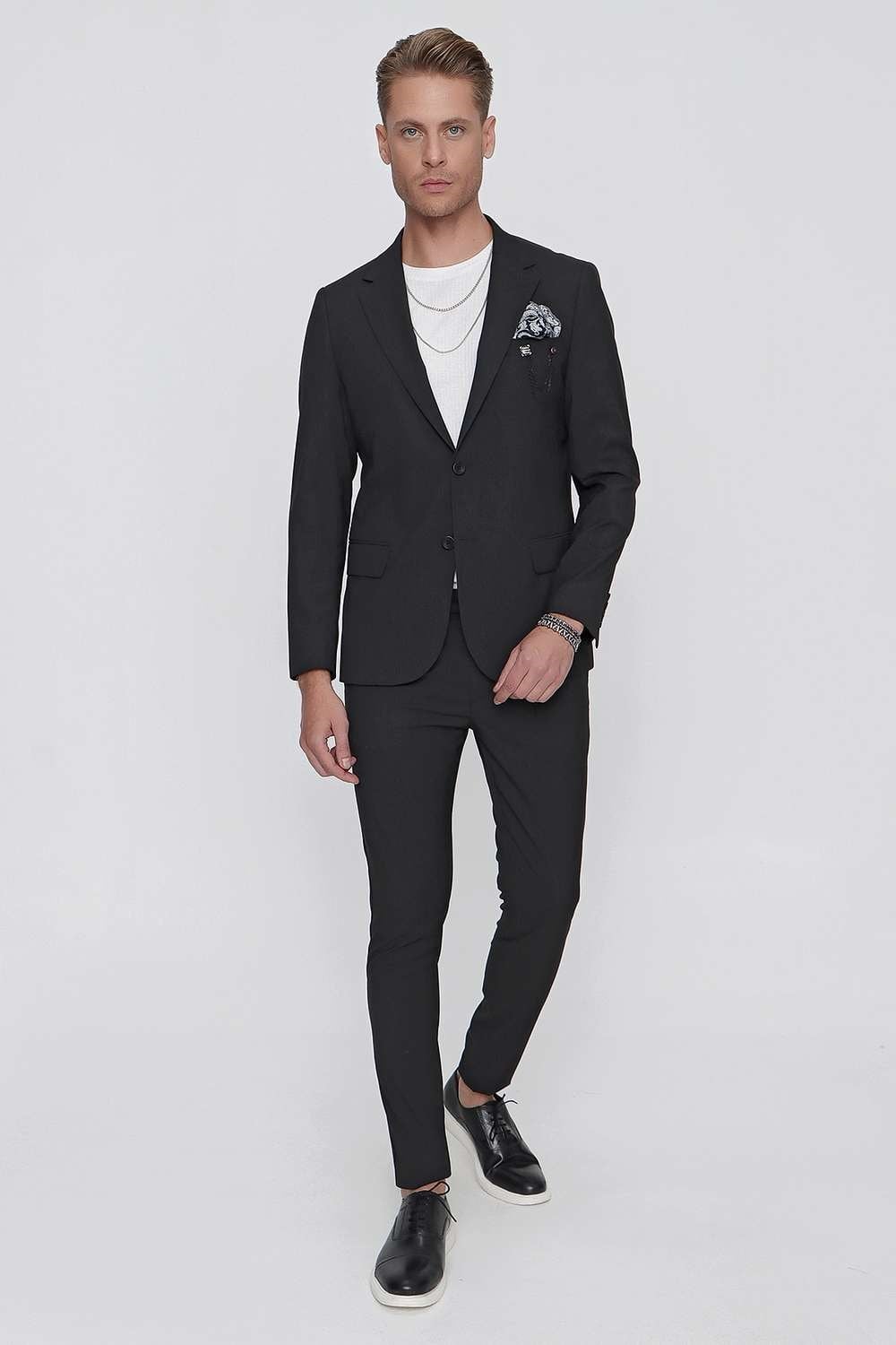 Slim Fit Doku Desenli %96 Pamuk Esnek Siyah Spor Ceket C 623
