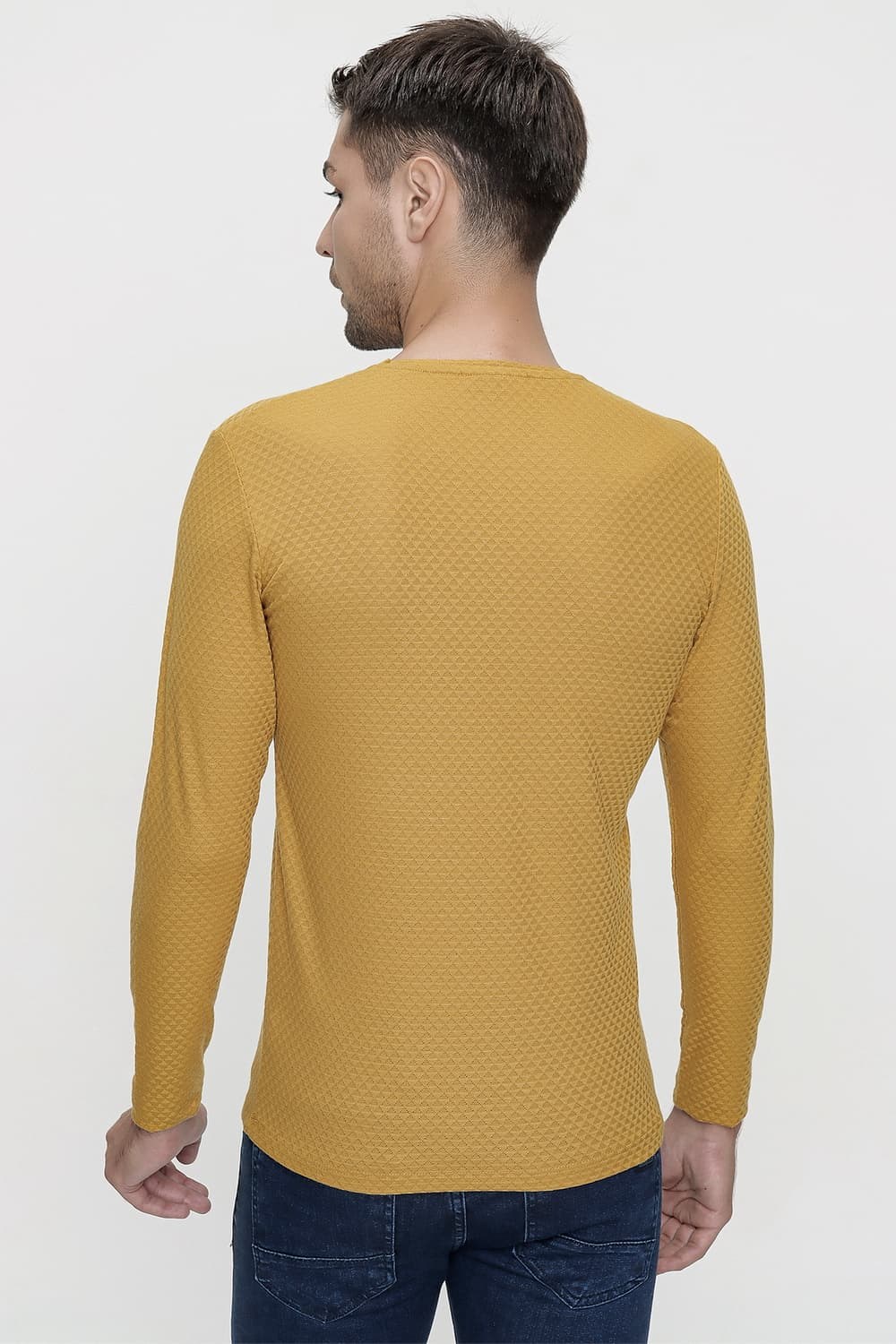 Slim Fit Doku Desenli Bisiklet Yaka Pamuklu Uzun Kollu Hardal Tişört TS 779
