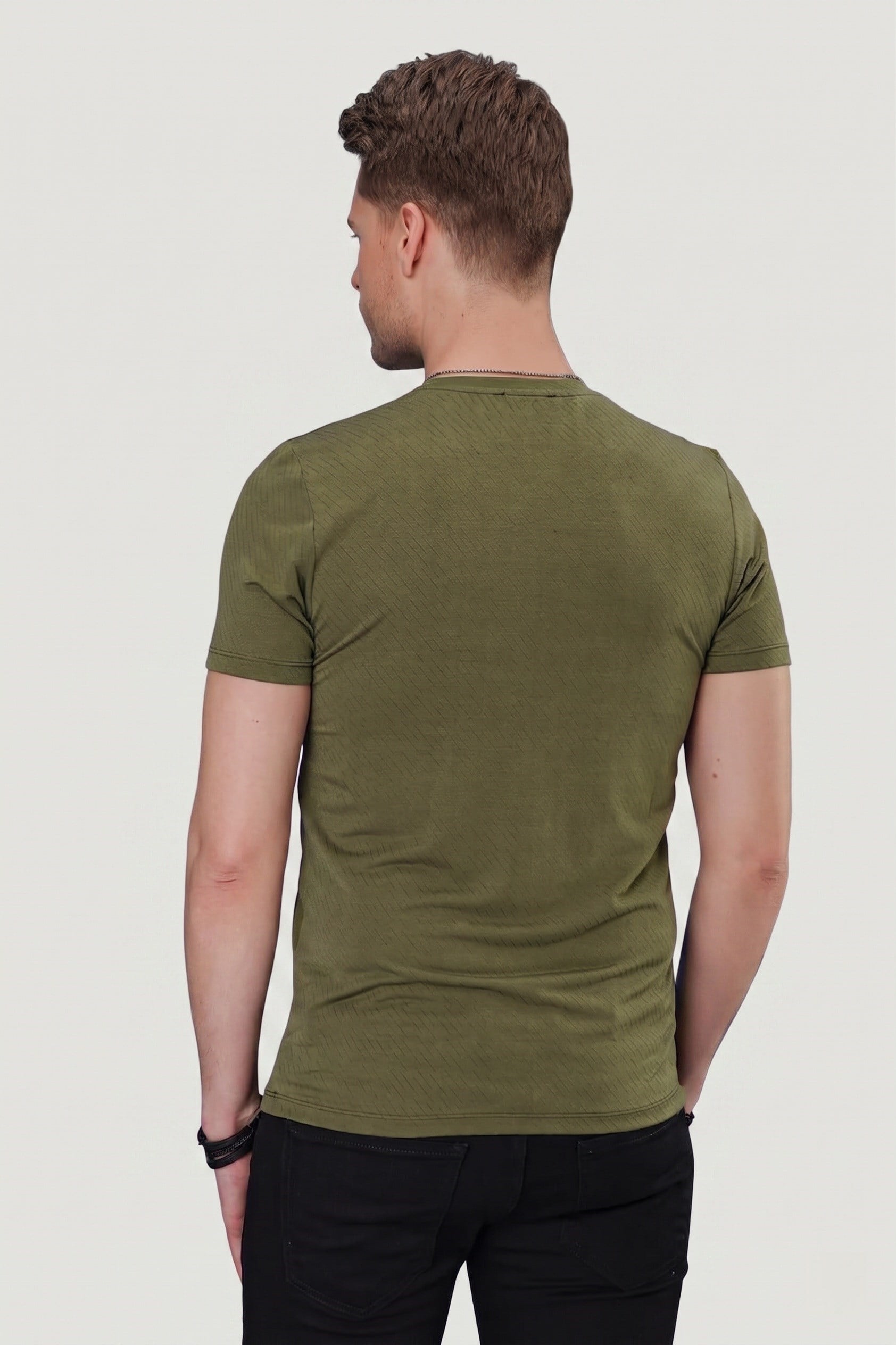 Slim Fit Doku Desenli Bisiklet Yaka Pamuklu Haki Tişört TS 846 