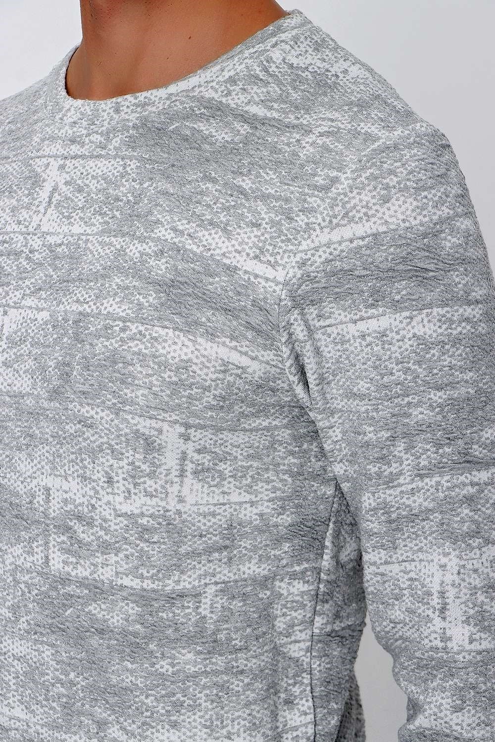 Slim Fit Doku Desenli Bisiklet Yaka Pamuklu Uzun Kollu Gri Tişört Ts 839
