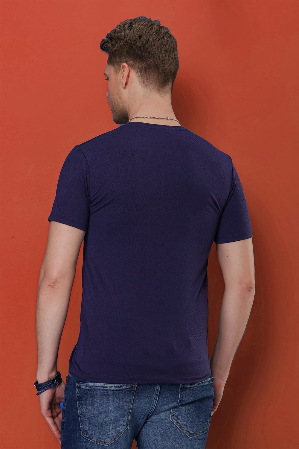 Slim Fit Doku Desenli Bisiklet Yaka Pamuklu Lacivert Tişört TS 846 