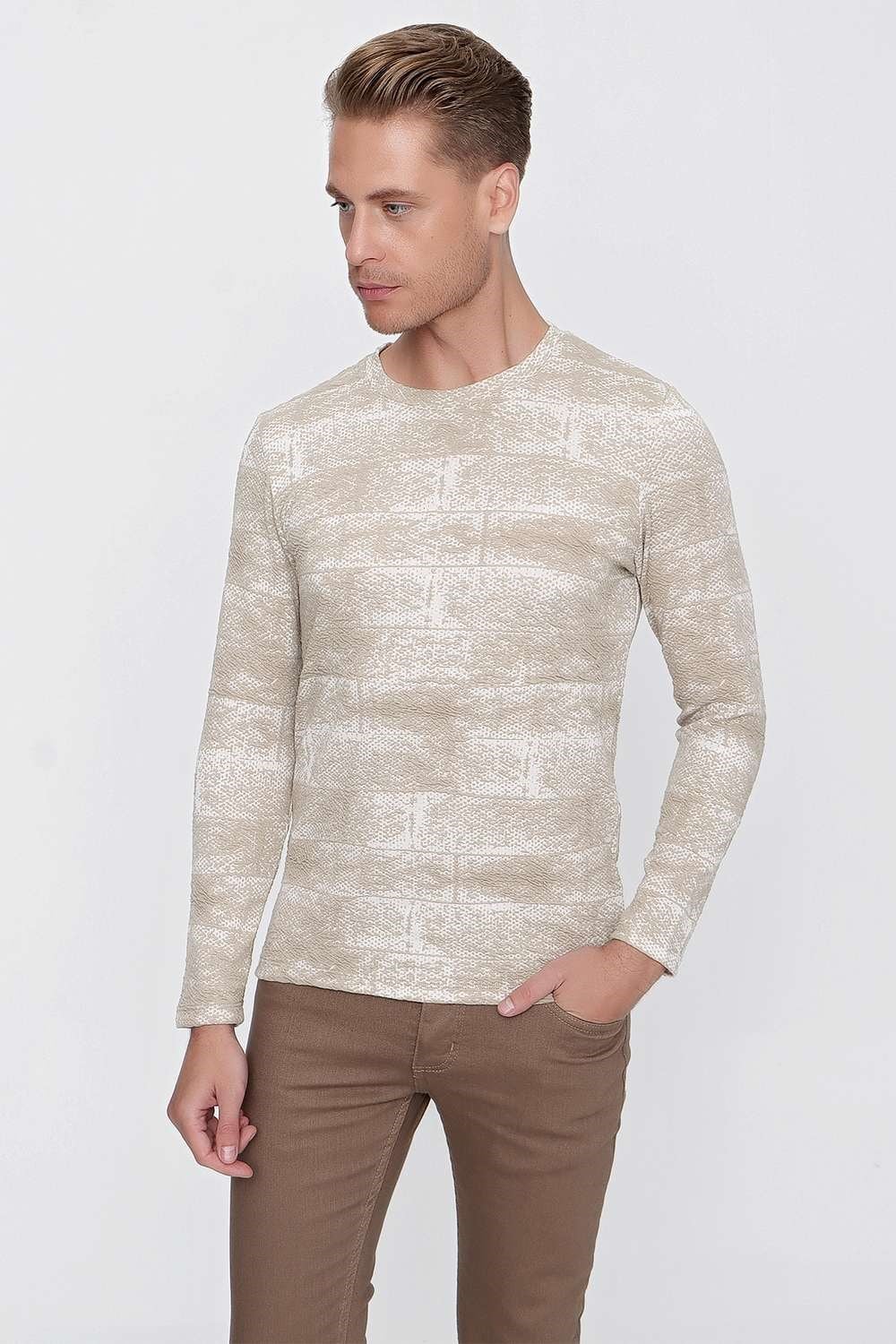 Slim Fit Doku Desenli Bisiklet Yaka Pamuklu Uzun Kollu Bej Tişört Ts 839
