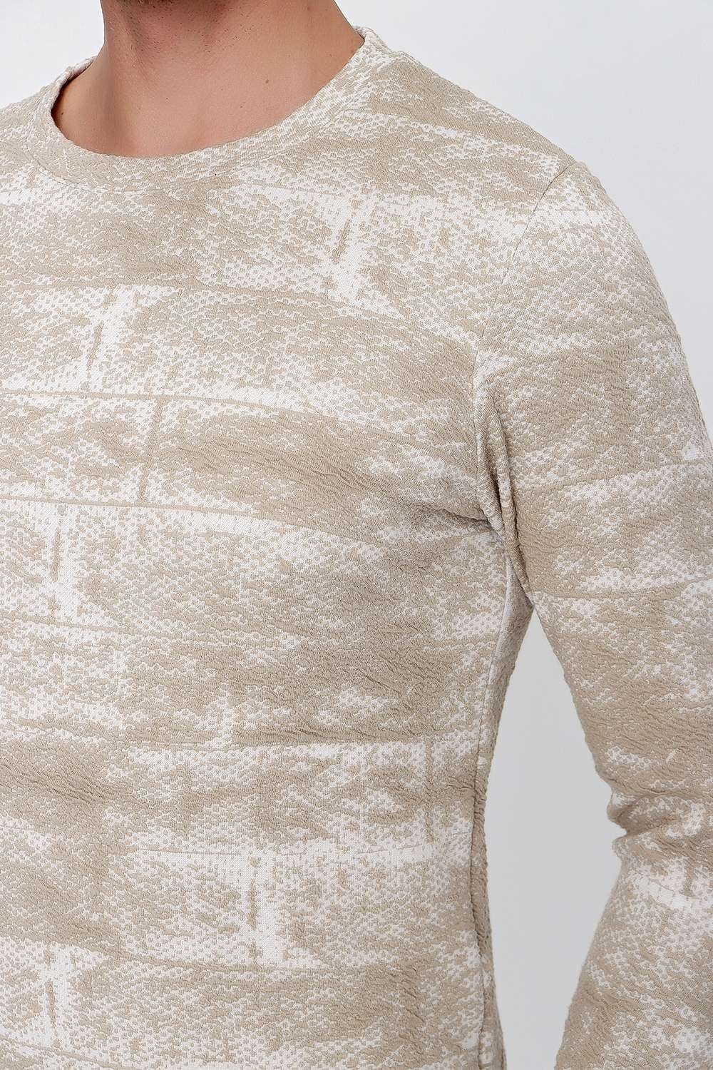 Slim Fit Doku Desenli Bisiklet Yaka Pamuklu Uzun Kollu Bej Tişört Ts 839