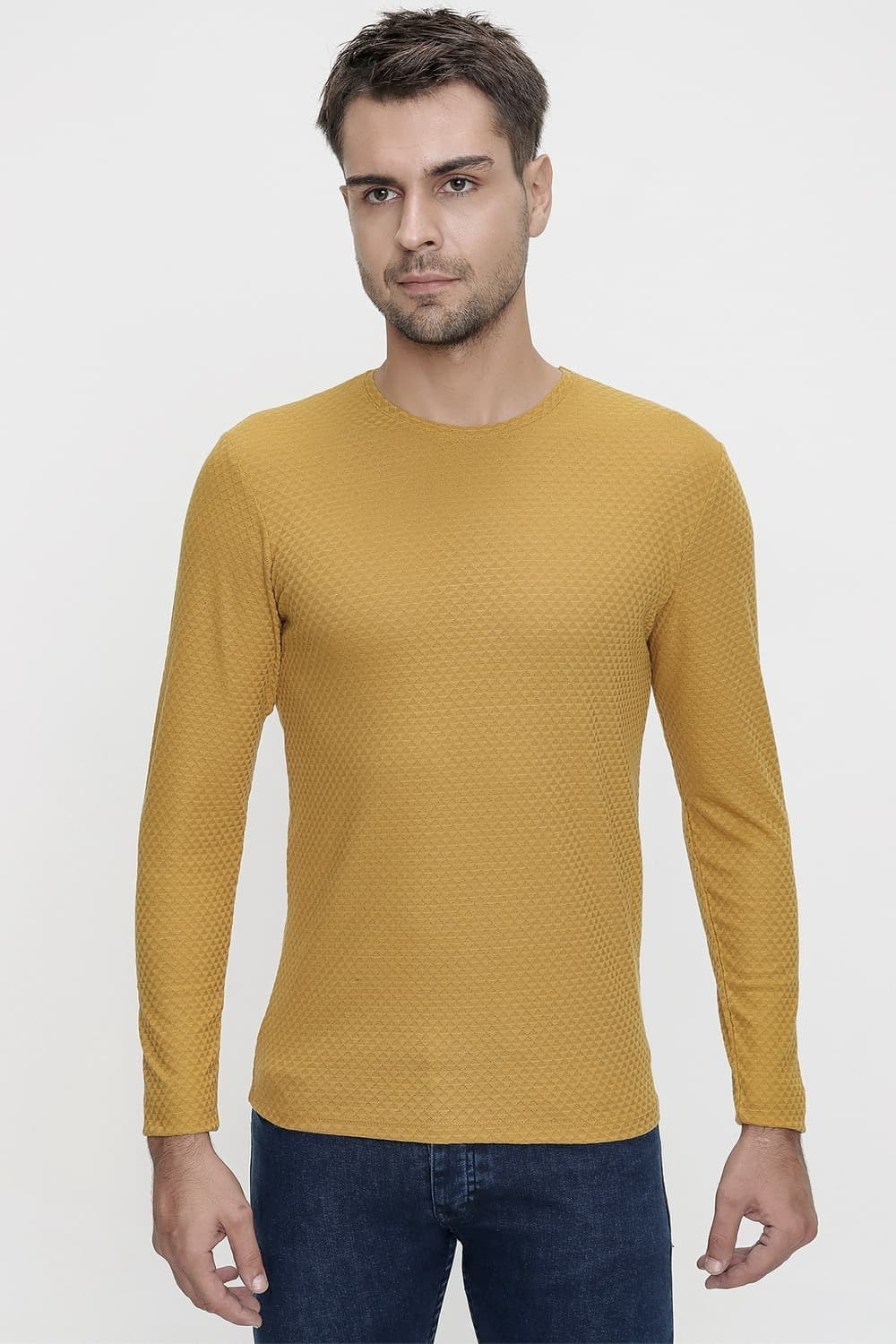 Slim Fit Doku Desenli Bisiklet Yaka Pamuklu Uzun Kollu Hardal Tişört TS 779