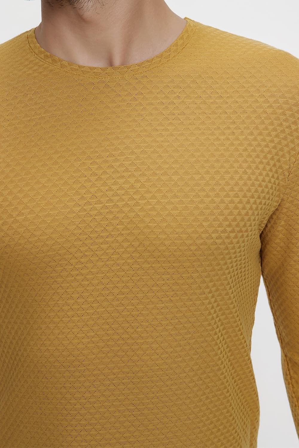 Slim Fit Doku Desenli Bisiklet Yaka Pamuklu Uzun Kollu Hardal Tişört TS 779