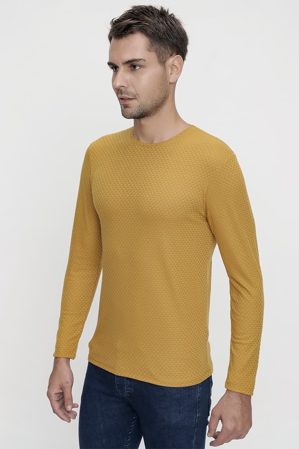 Slim Fit Doku Desenli Bisiklet Yaka Pamuklu Uzun Kollu Hardal Tişört TS 779