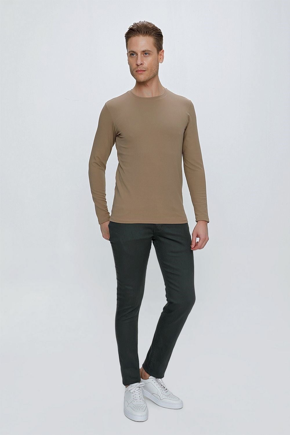 Slim Fit Doku Desenli Bisiklet Yaka Uzun Kollu Vizon Tişört Ts 841
