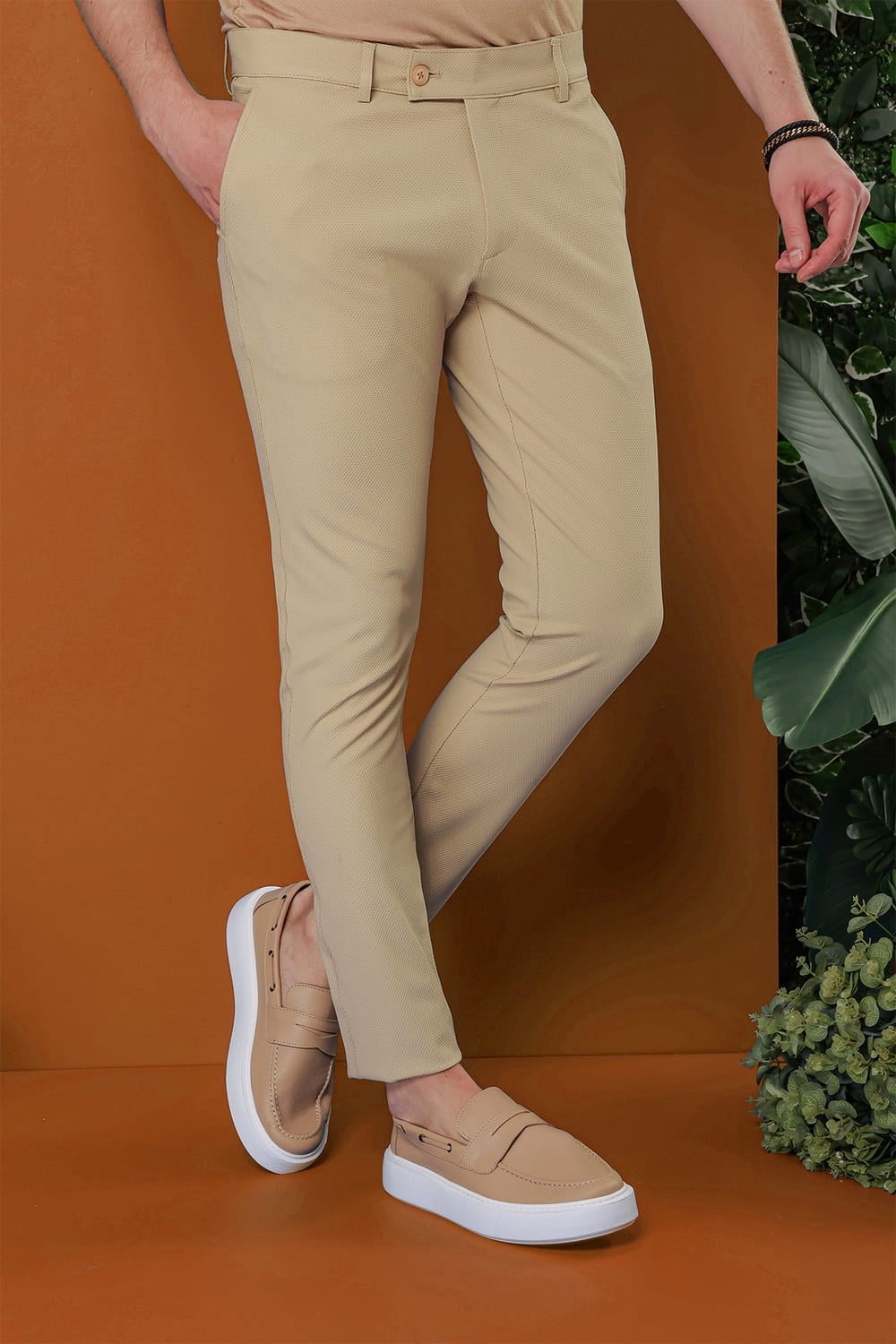 Slim Fit Doku Desenli Esnek Pamuk Bej Pantolon P 1120