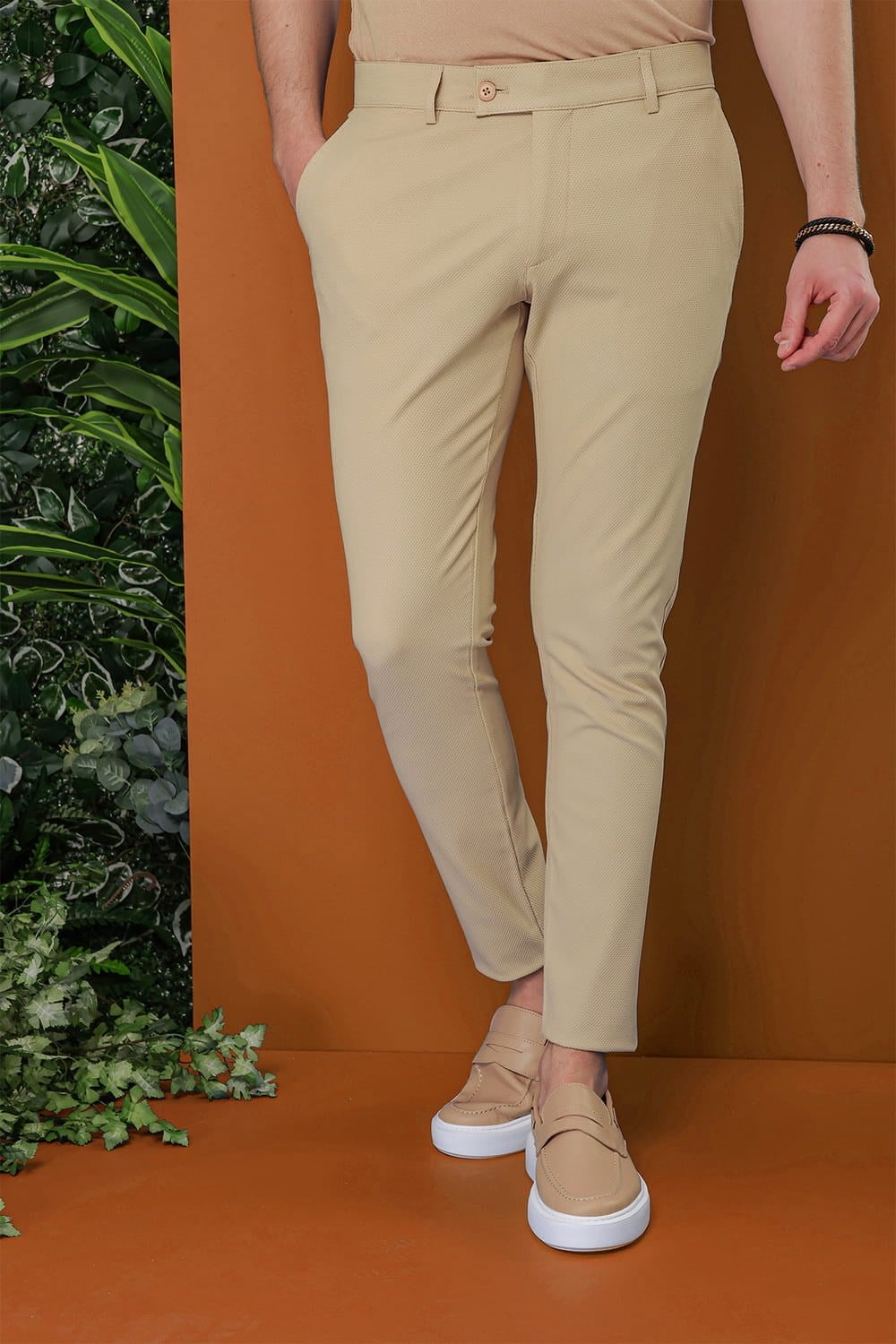 Slim Fit Doku Desenli Esnek Pamuk Bej Pantolon P 1120