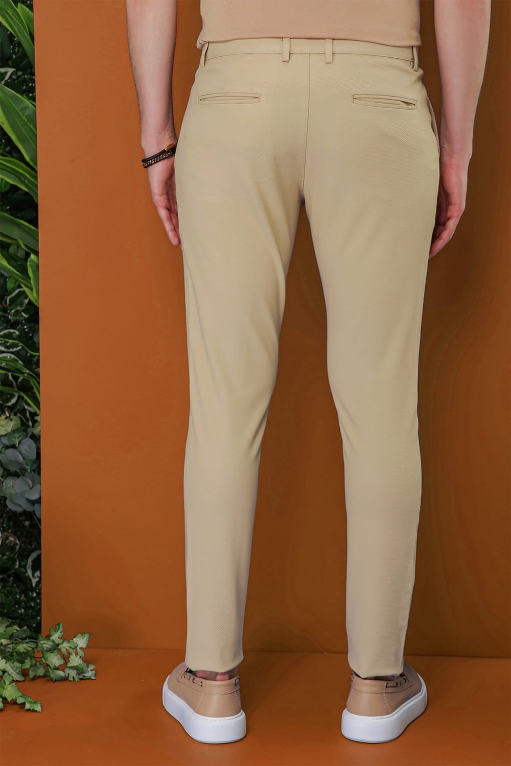 Slim Fit Doku Desenli Esnek Pamuk Bej Pantolon P 1120
