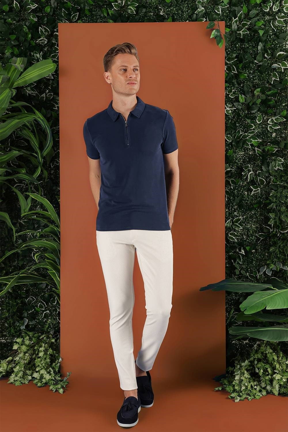 Slim Fit Doku Desenli Esnek Pamuk Krem Pantolon P 1120