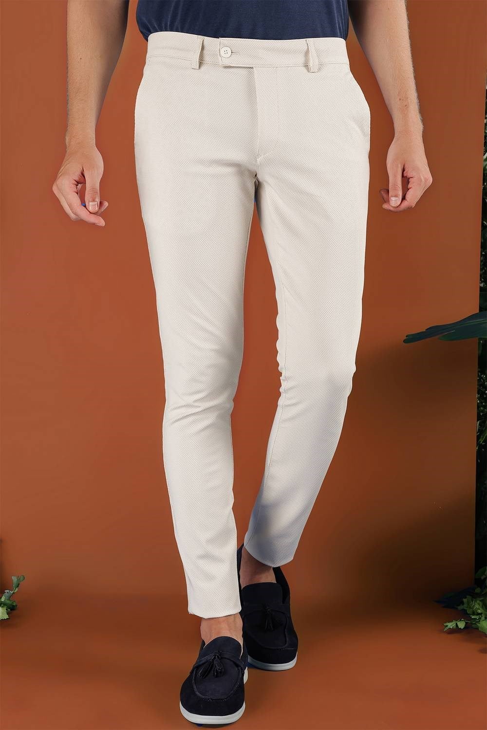 Slim Fit Doku Desenli Esnek Pamuk Krem Pantolon P 1120