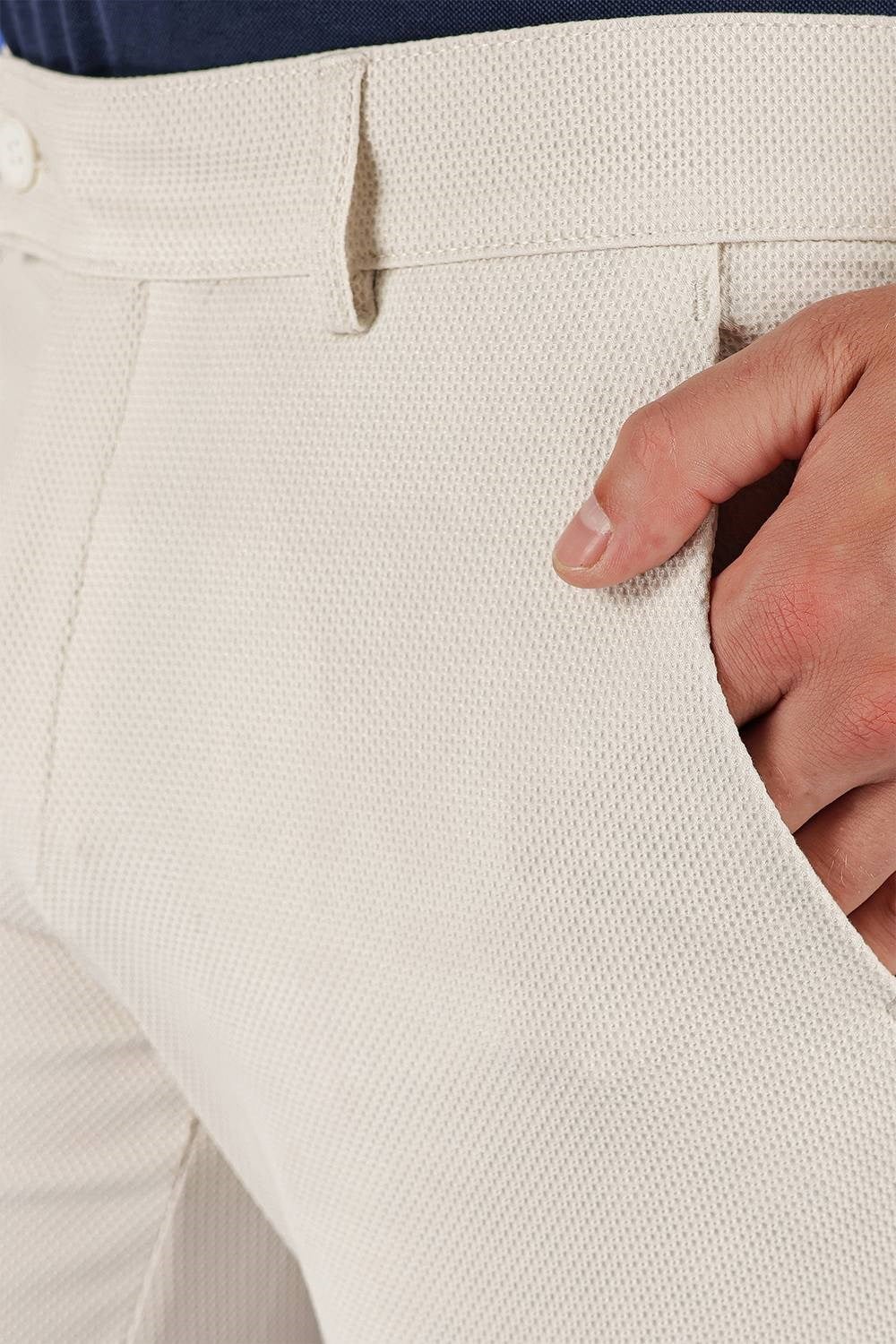 Slim Fit Doku Desenli Esnek Pamuk Krem Pantolon P 1120