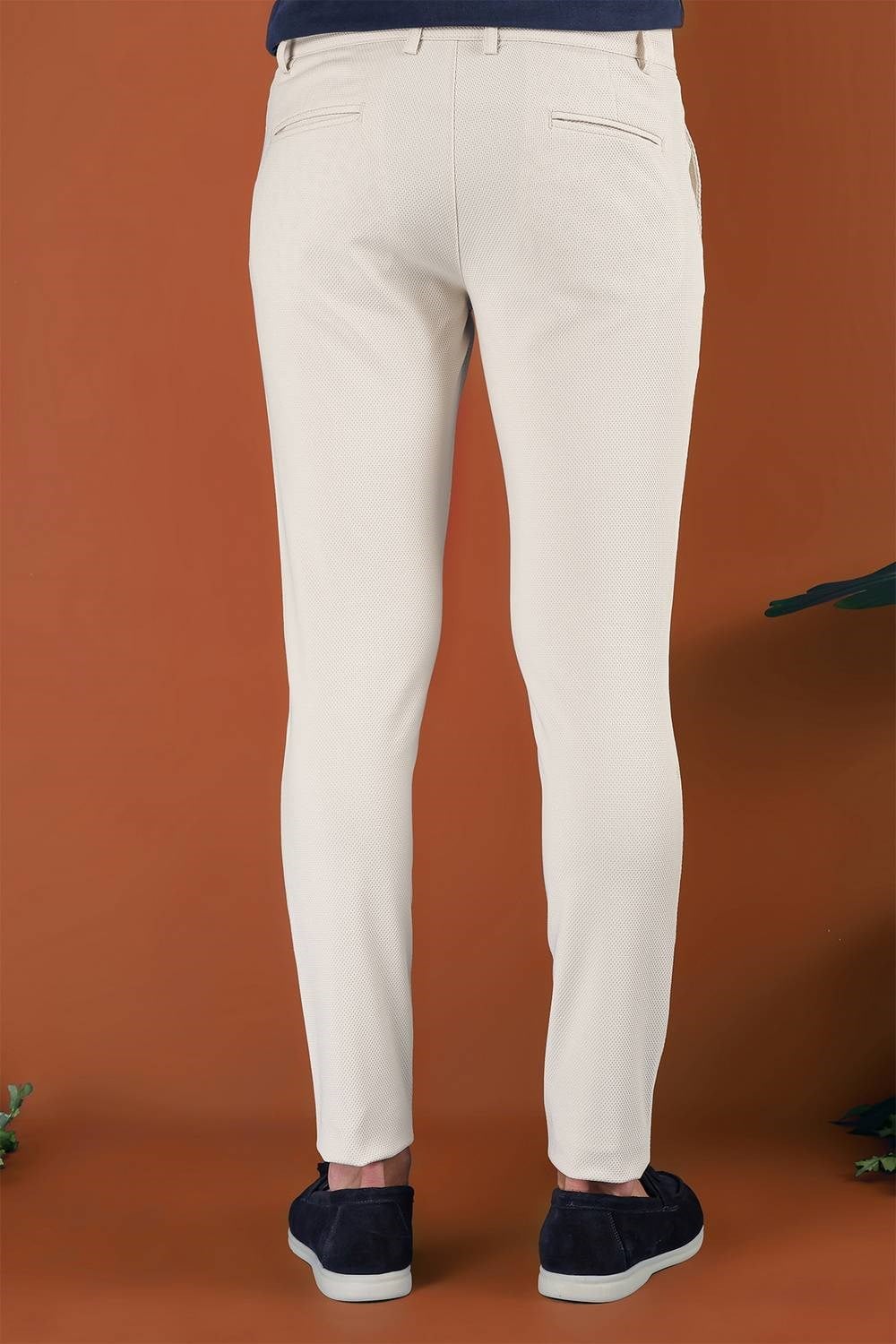 Slim Fit Doku Desenli Esnek Pamuk Krem Pantolon P 1120