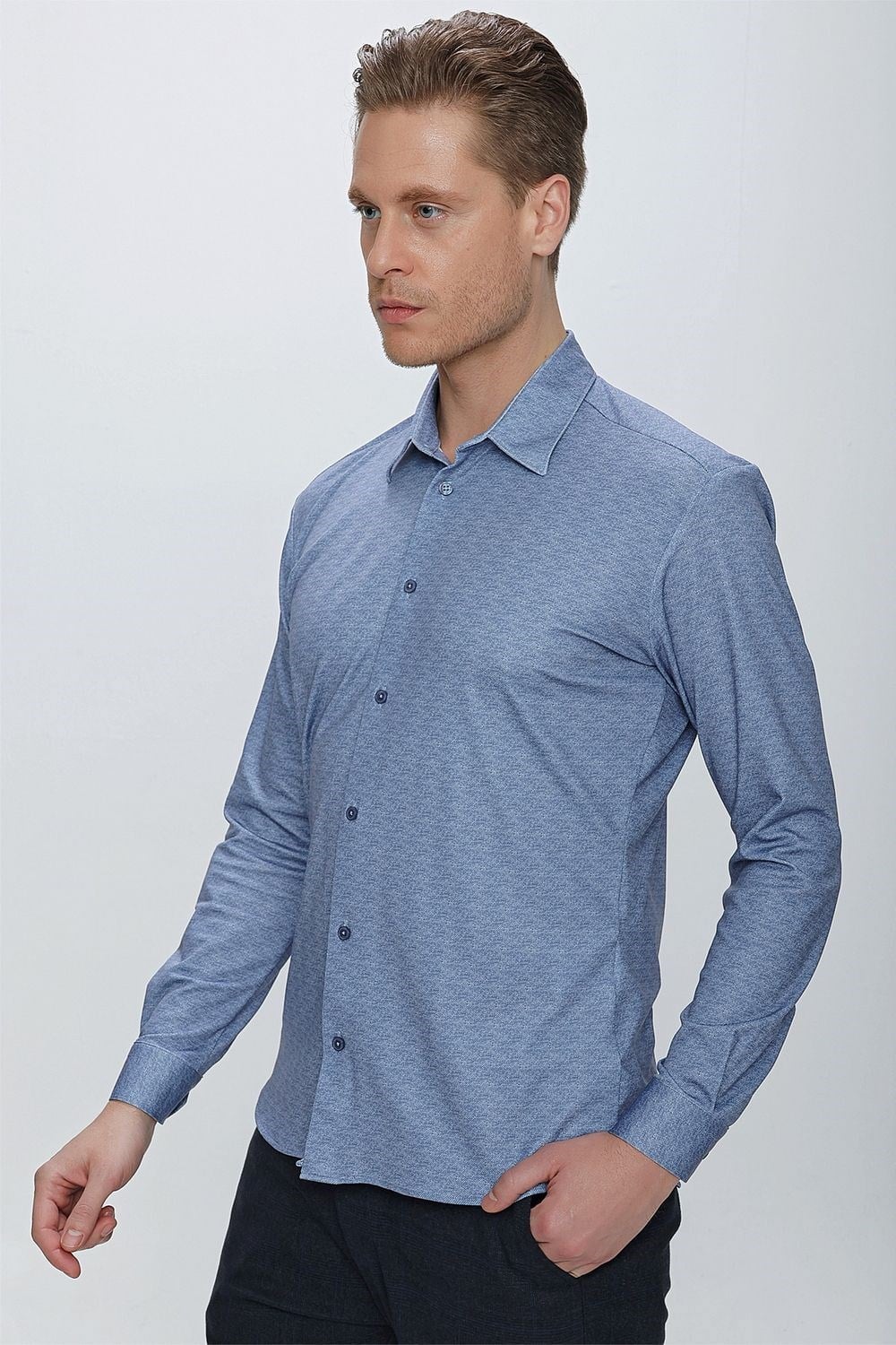 Slim Fit Doku Desenli Esnek Pamuk Mavi Gömlek G 1523
