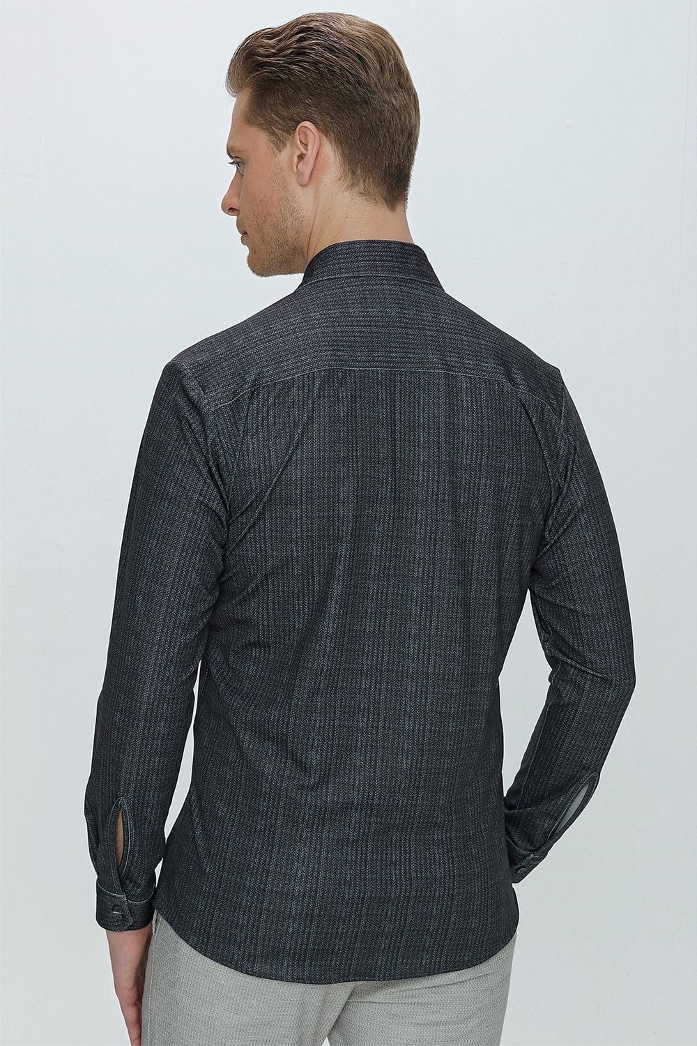Slim Fit Doku Desenli Esnek Pamuk Siyah Gömlek G 1525