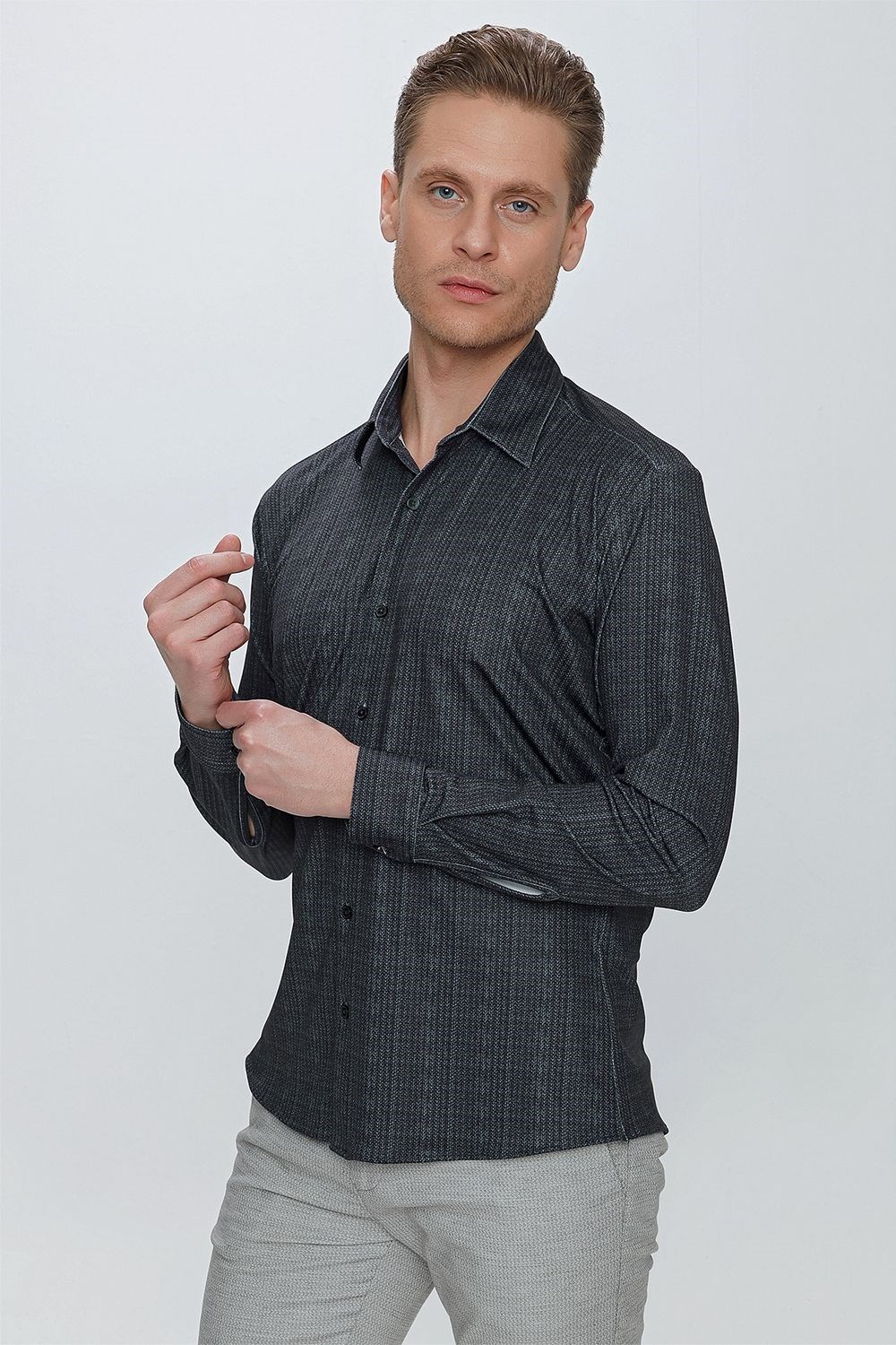 Slim Fit Doku Desenli Esnek Pamuk Siyah Gömlek G 1525
