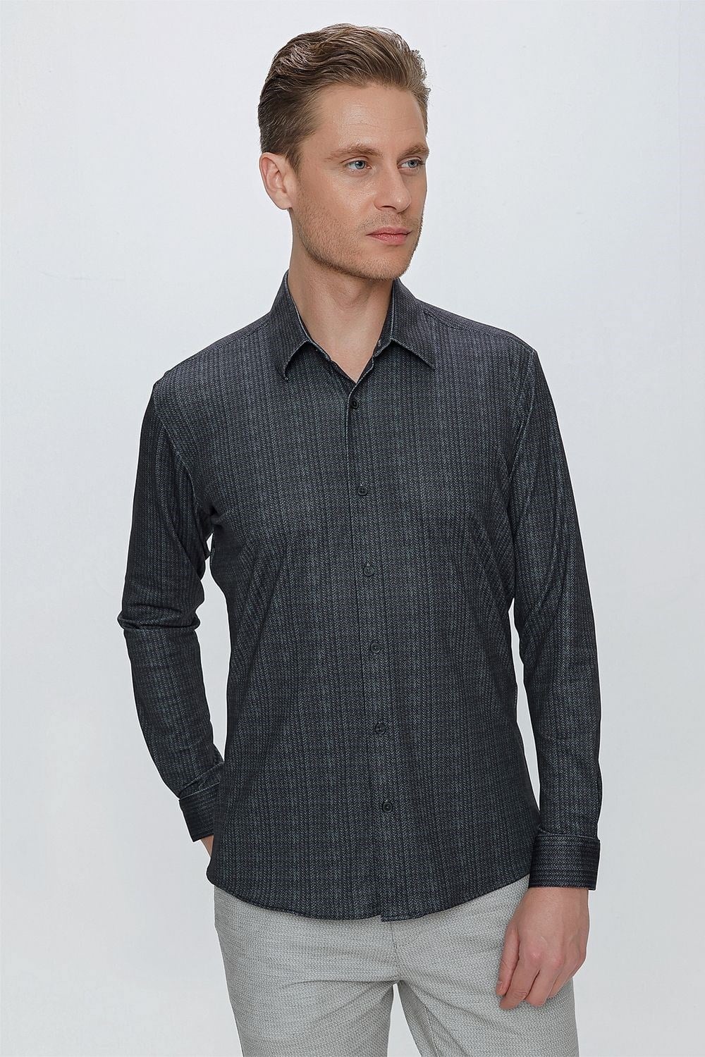 Slim Fit Doku Desenli Esnek Pamuk Siyah Gömlek G 1525