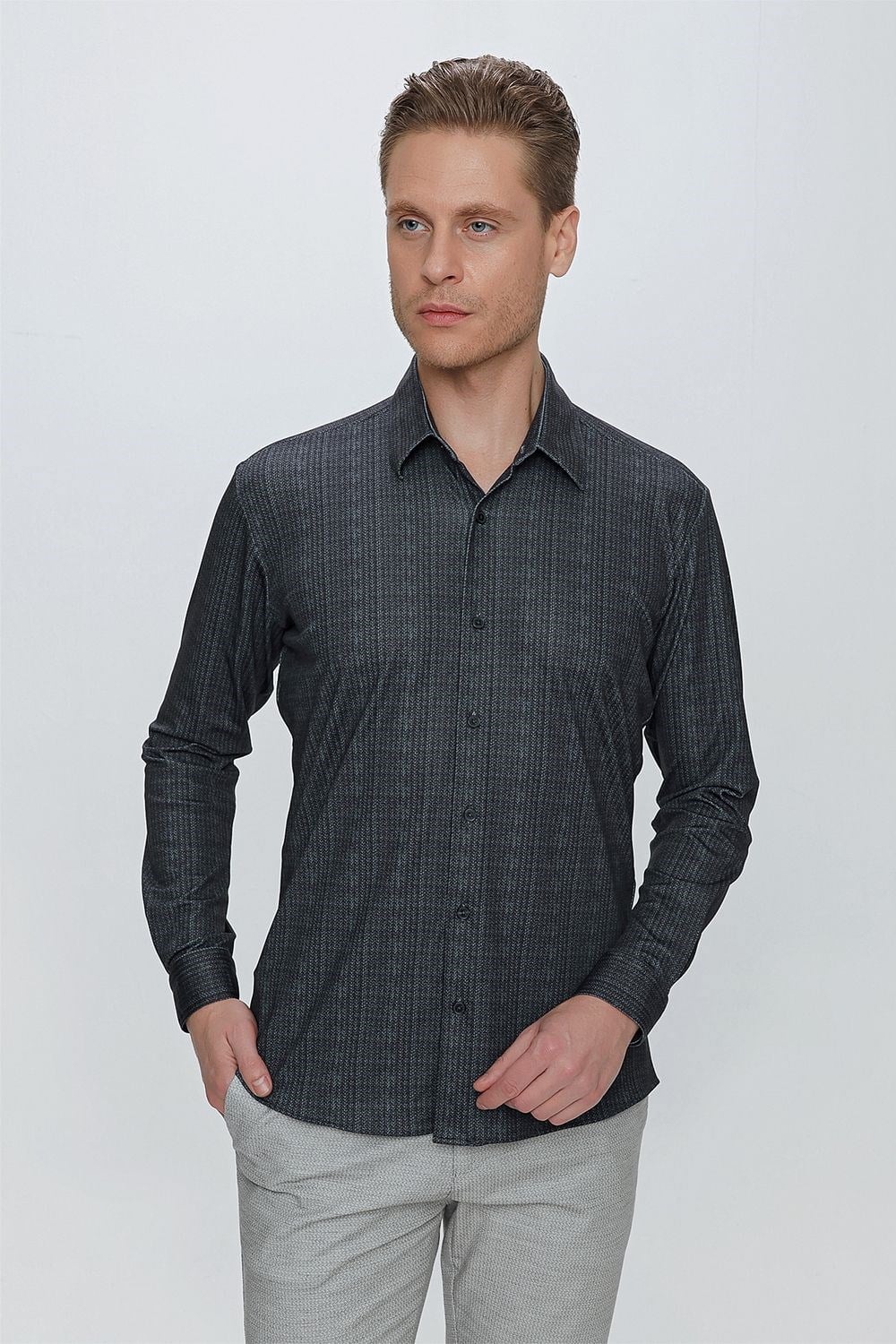 Slim Fit Doku Desenli Esnek Pamuk Siyah Gömlek G 1525